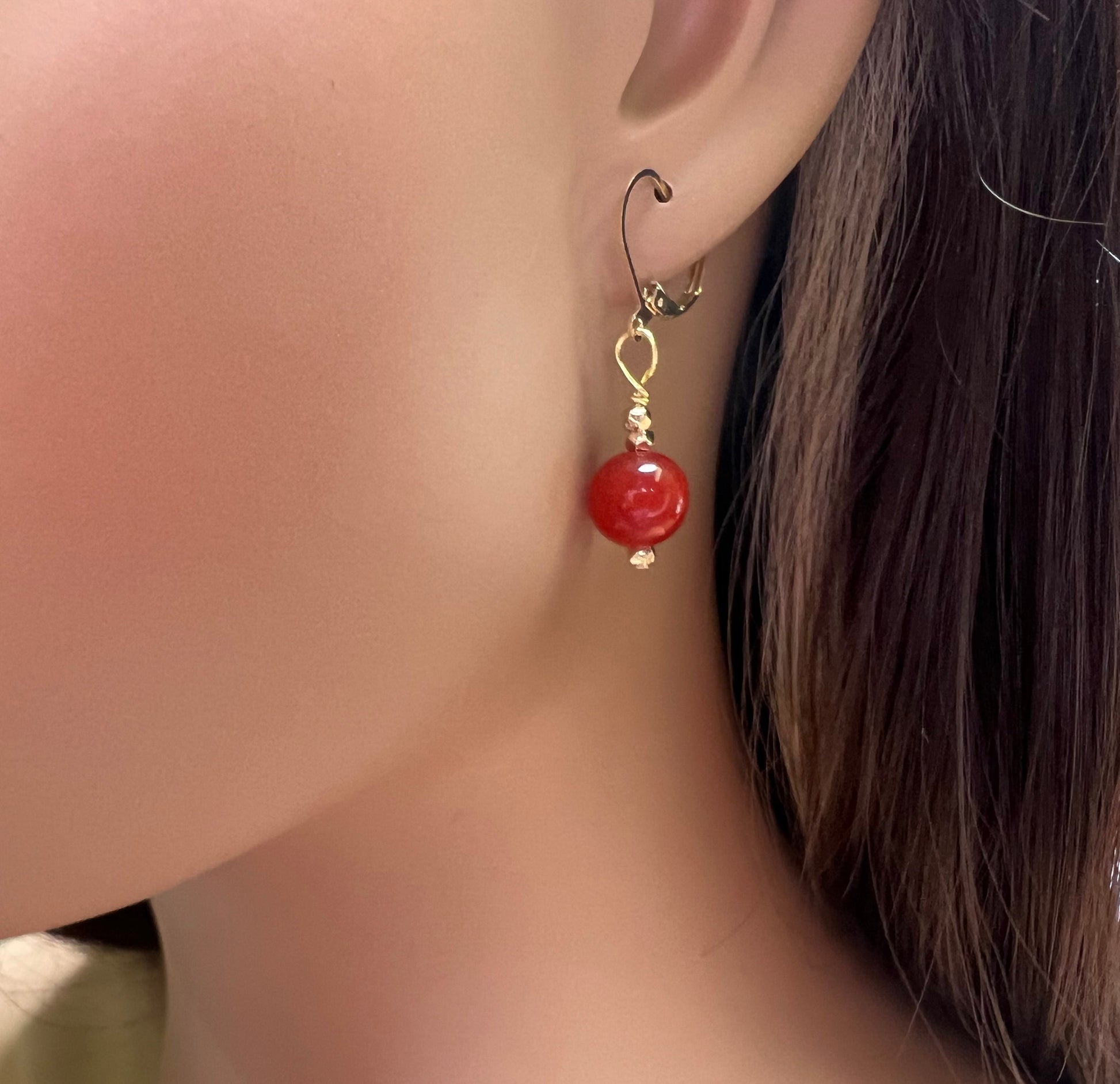 Natural Carnelian Red 10mm smooth round gold leverback earring, handmade gift