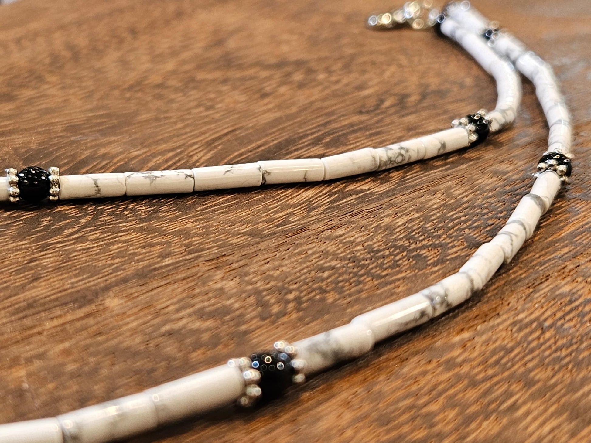 Natural White Howlite smooth Tube 4x13mm with Black Onyx Silver Bali Style Spacers rhodium silver lobster clasp Necklace for Men and woman