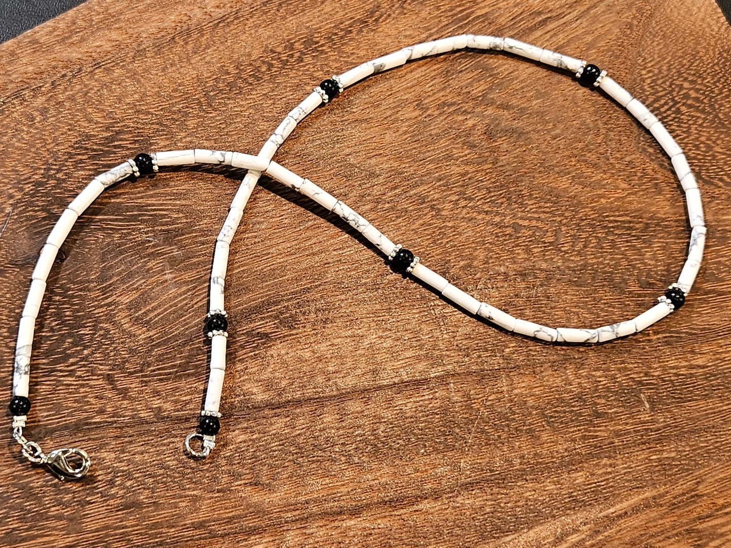 Natural White Howlite smooth Tube 4x13mm with Black Onyx Silver Bali Style Spacers rhodium silver lobster clasp Necklace for Men and woman