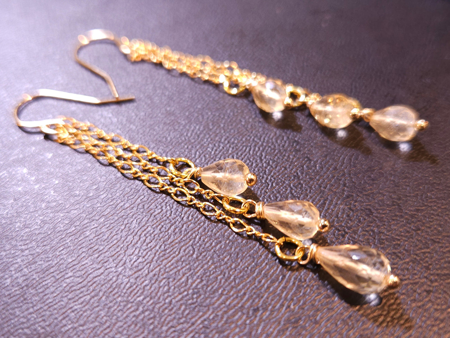 Genuine Citrine Faceted 3 Drop Dangling Wire Wrapped 5x7mm Drop, 14K Gold Filled Chain and Hook Earrings