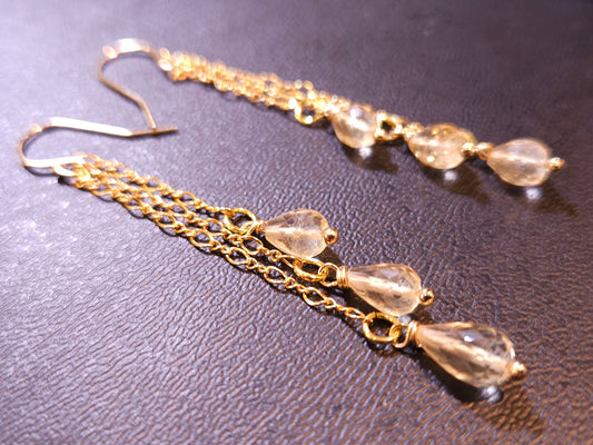 Genuine Citrine Faceted 3 Drop Dangling Wire Wrapped 5x7mm Drop, 14K Gold Filled Chain and Hook Earrings