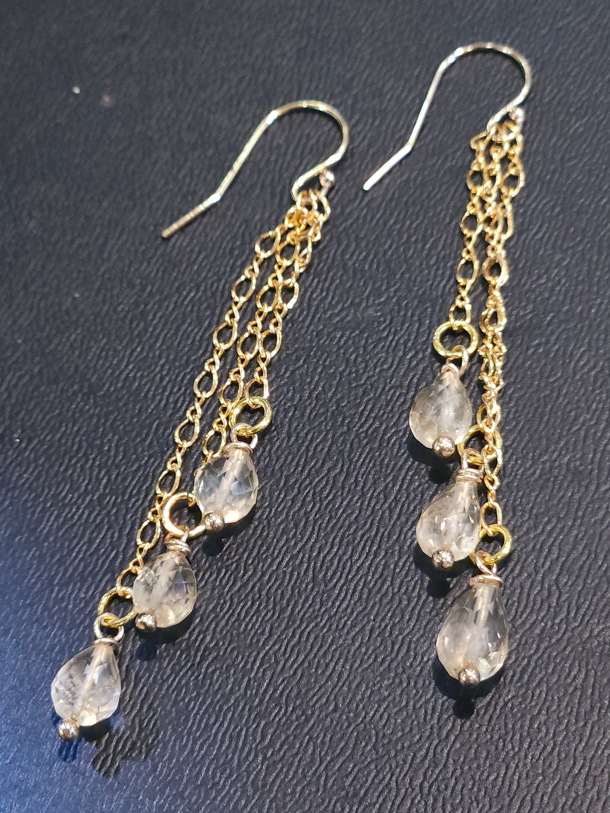 Genuine Citrine Faceted 3 Drop Dangling Wire Wrapped 5x7mm Drop, 14K Gold Filled Chain and Hook Earrings