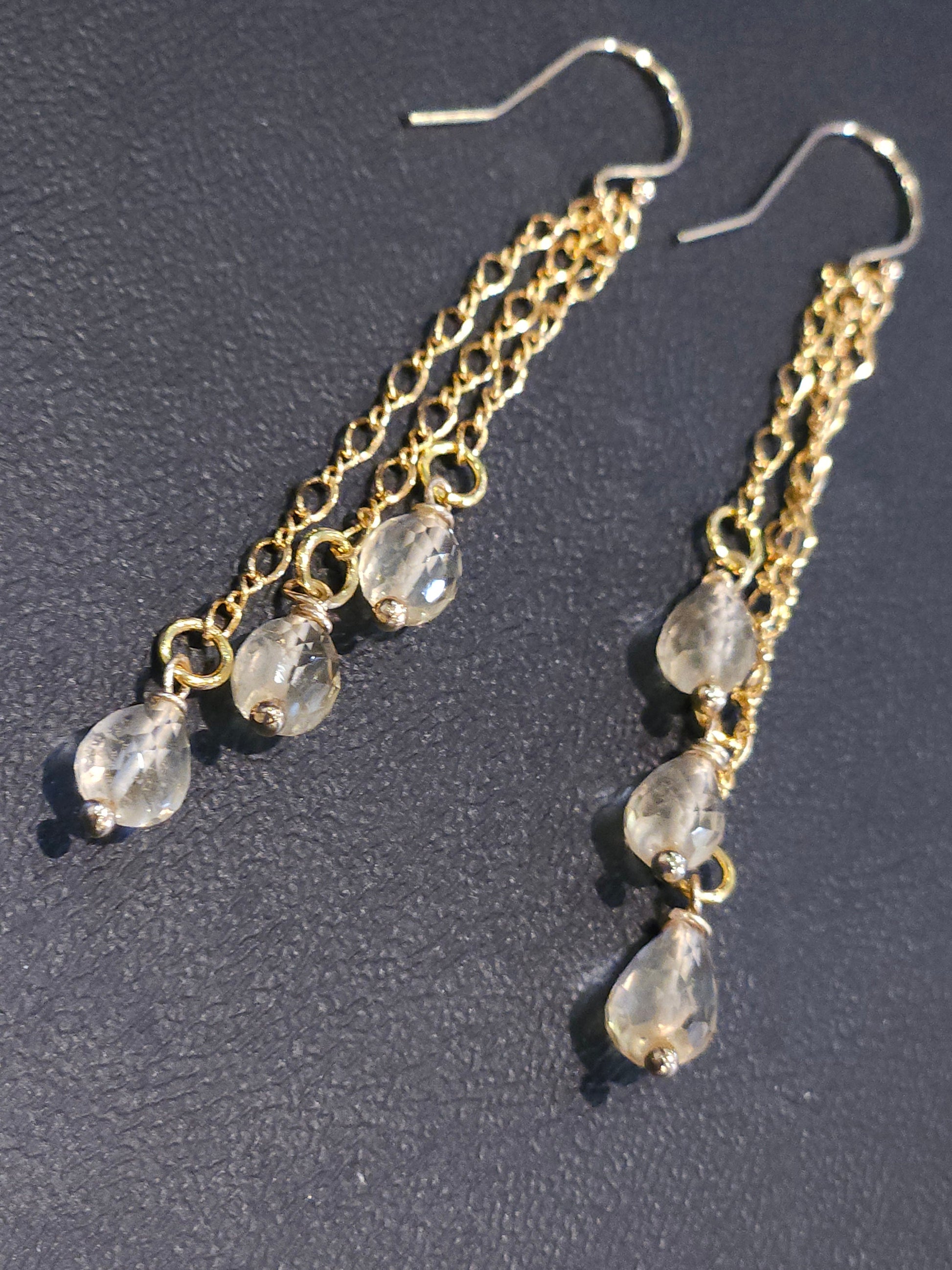 Genuine Citrine Faceted 3 Drop Dangling Wire Wrapped 5x7mm Drop, 14K Gold Filled Chain and Hook Earrings