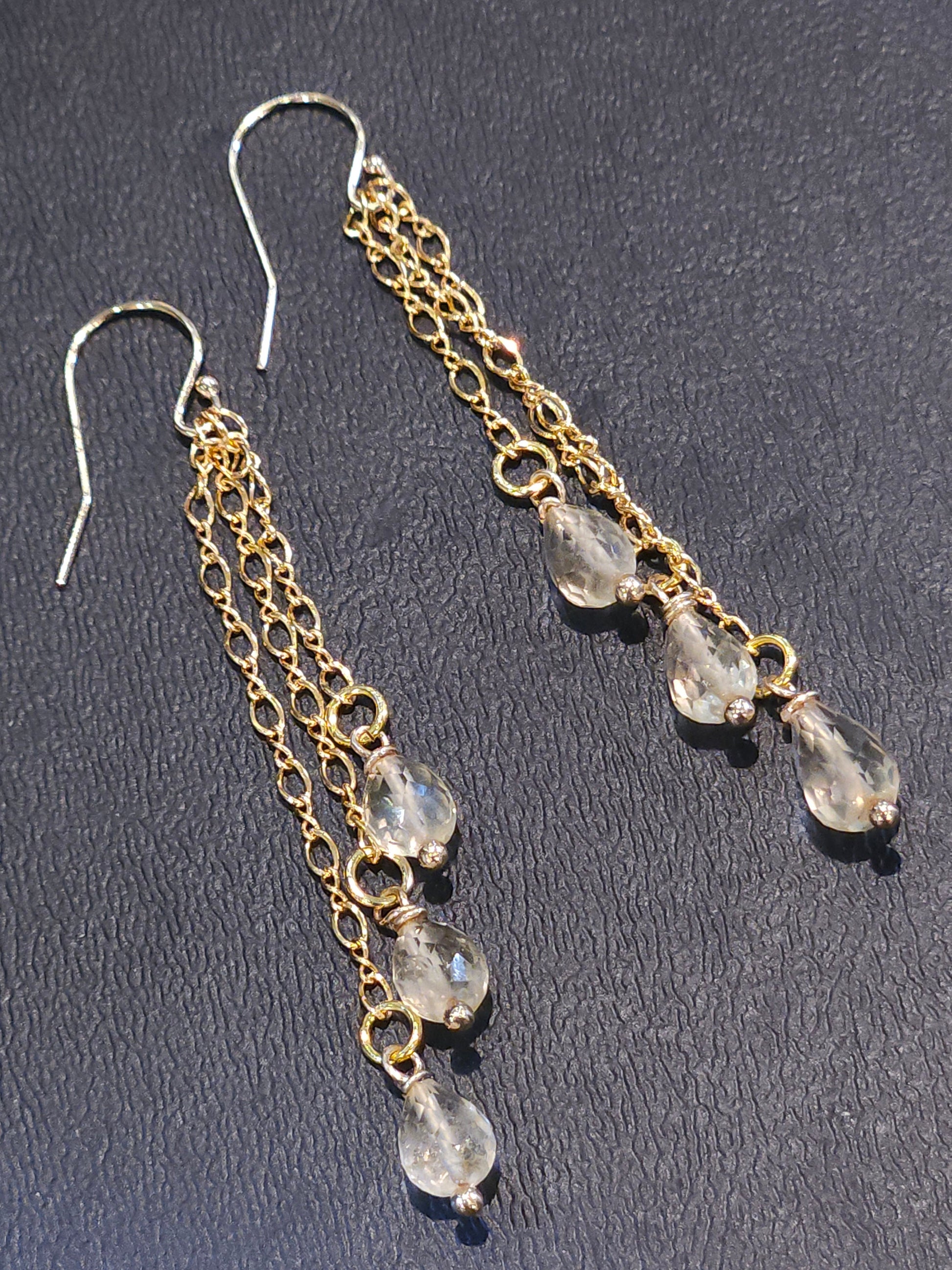 Genuine Citrine Faceted 3 Drop Dangling Wire Wrapped 5x7mm Drop, 14K Gold Filled Chain and Hook Earrings