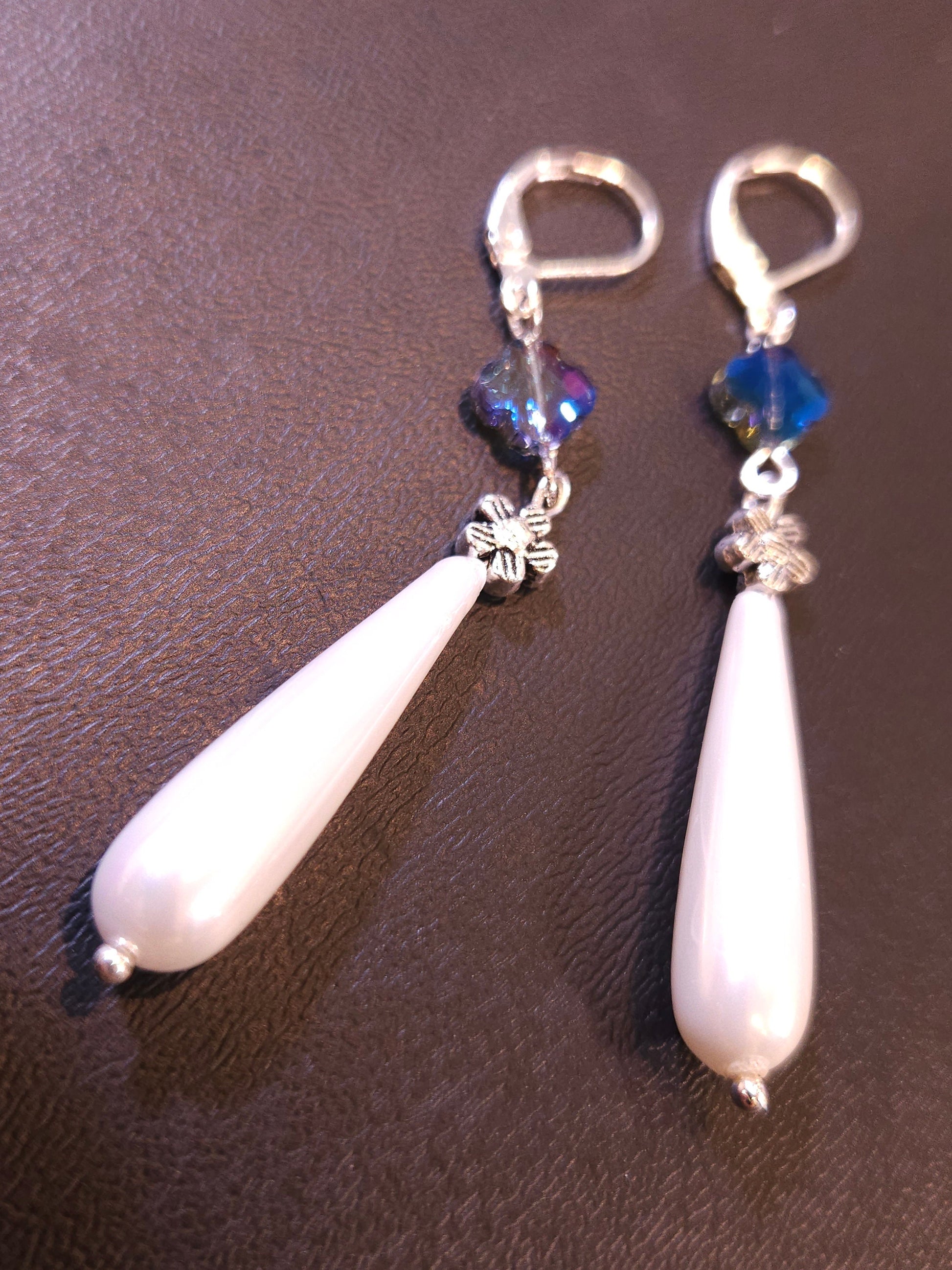 White South Sea Shell Pearl 8x30mm Large High Luster Teardrop with Bali Spacersand Swasoki Crystal Earrings, Bridal, Gift for Her