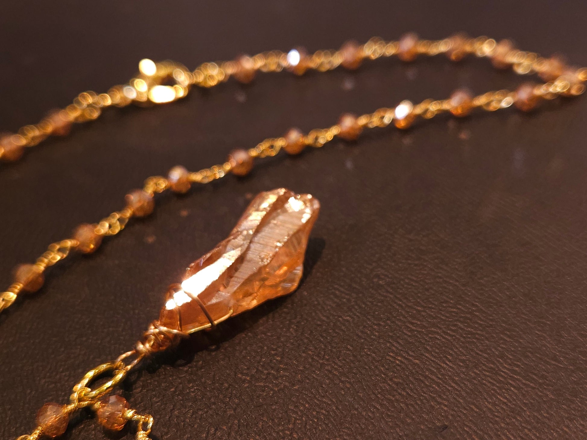 Natural Citrine Raw Druzy Gold with matching Crystal Wire Wrapped Chain Necklace