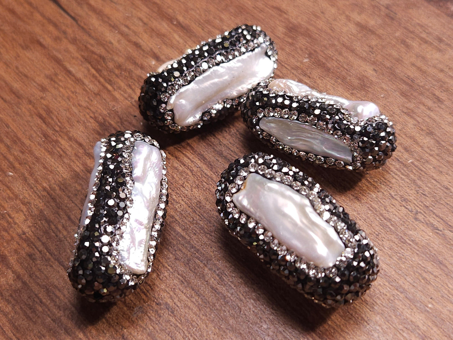 Freshwater Biwa Pearl 3 sided, Multiple line Inlaid Rhinestone Crystal Handmade Fancy Focal Bead, 30mm long, 1 pc, Jewelry Making bead.