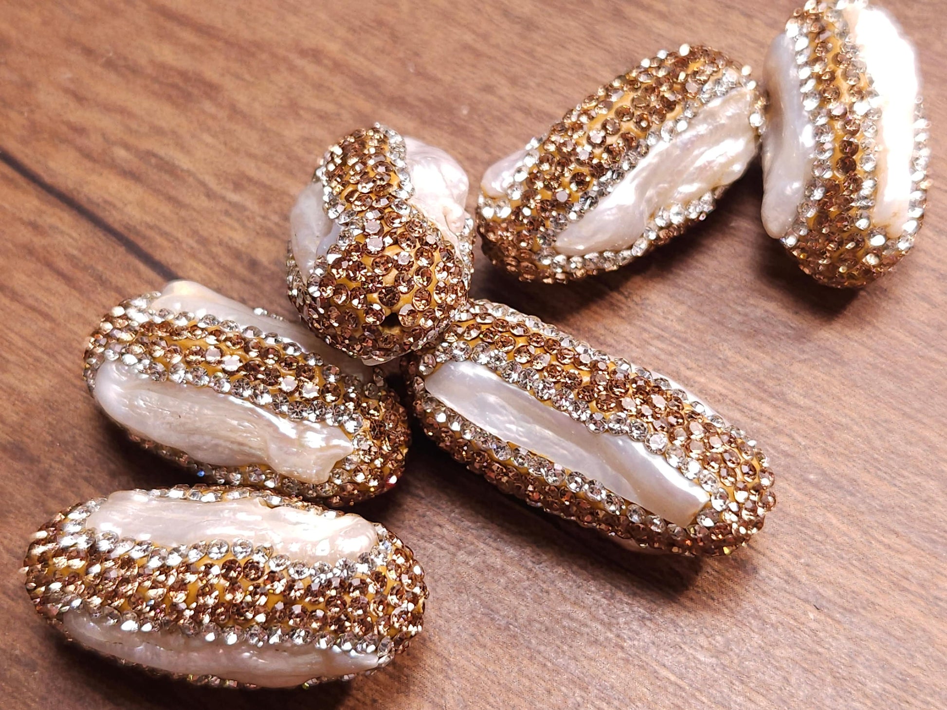 Freshwater Biwa Pearl 3 sided, 30,35mm Inlaid Black, Gold Rhinestone Crystal Handmade Fancy Focal Bead, 1 pc, Jewelry Making Bling Bead