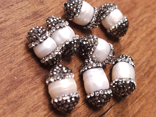 Freshwater natural pearl rhinestone crystal inlaid pave oval 9x16-11x20mm center drilled, black crystal line focal spacer bead