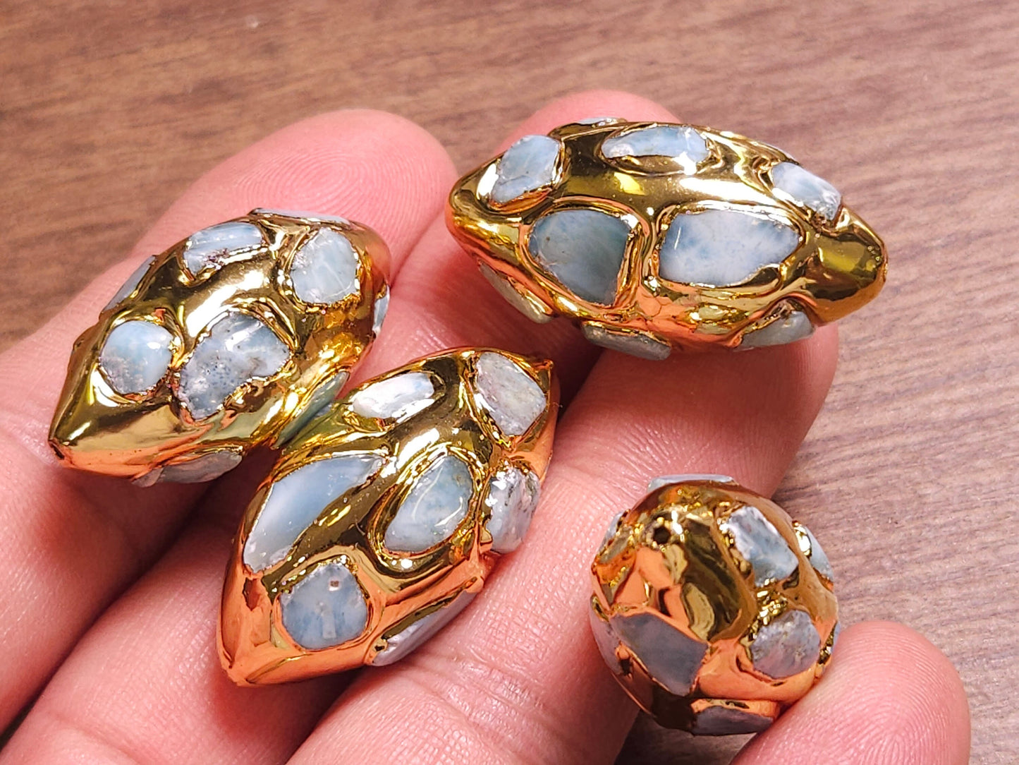 Natural Dominican Larimat Oval inlaid Pave bead 18x36mm oval focal bead, 14K Gold Plated, 1 piece