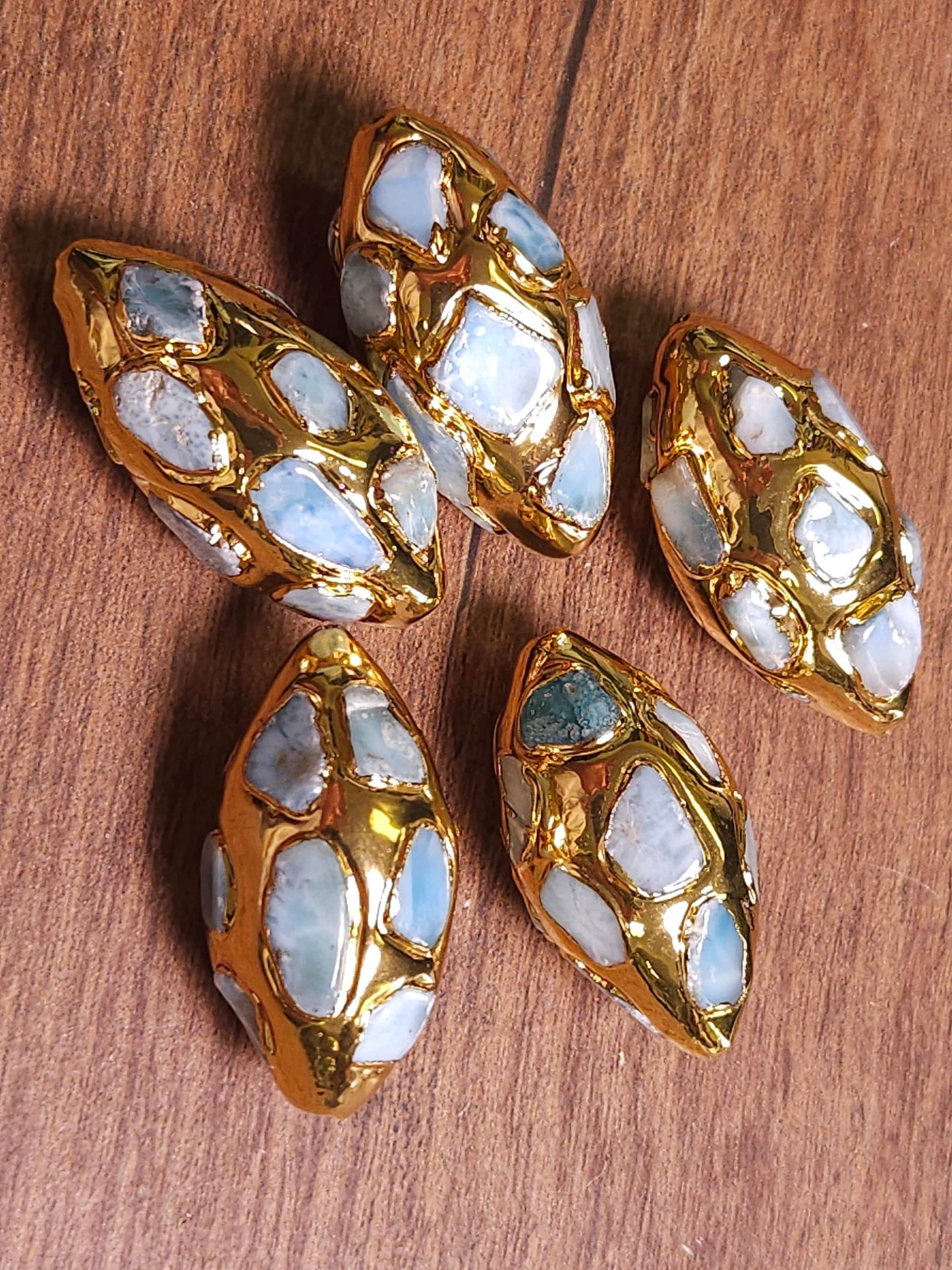 Natural Dominican Larimat Oval inlaid Pave bead 18x36mm oval focal bead, 14K Gold Plated, 1 piece