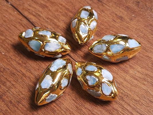 Natural Dominican Larimat Oval inlaid Pave bead 18x36mm oval focal bead, 14K Gold Plated, 1 piece