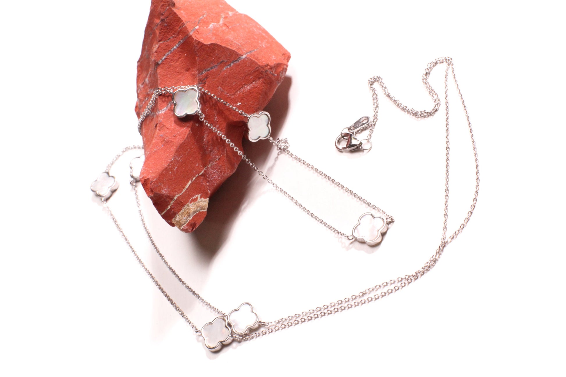 925 Sterling Silver White Mother of Pearl Double Sided four leaf Flower charm 8.5mm long necklace, charm 7 pcs 30” MOP necklace