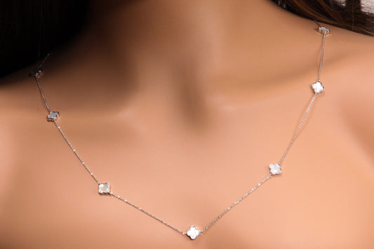 925 Sterling Silver White Mother of Pearl Double Sided four leaf Flower charm 8.5mm long necklace, charm 7 pcs 30” MOP necklace