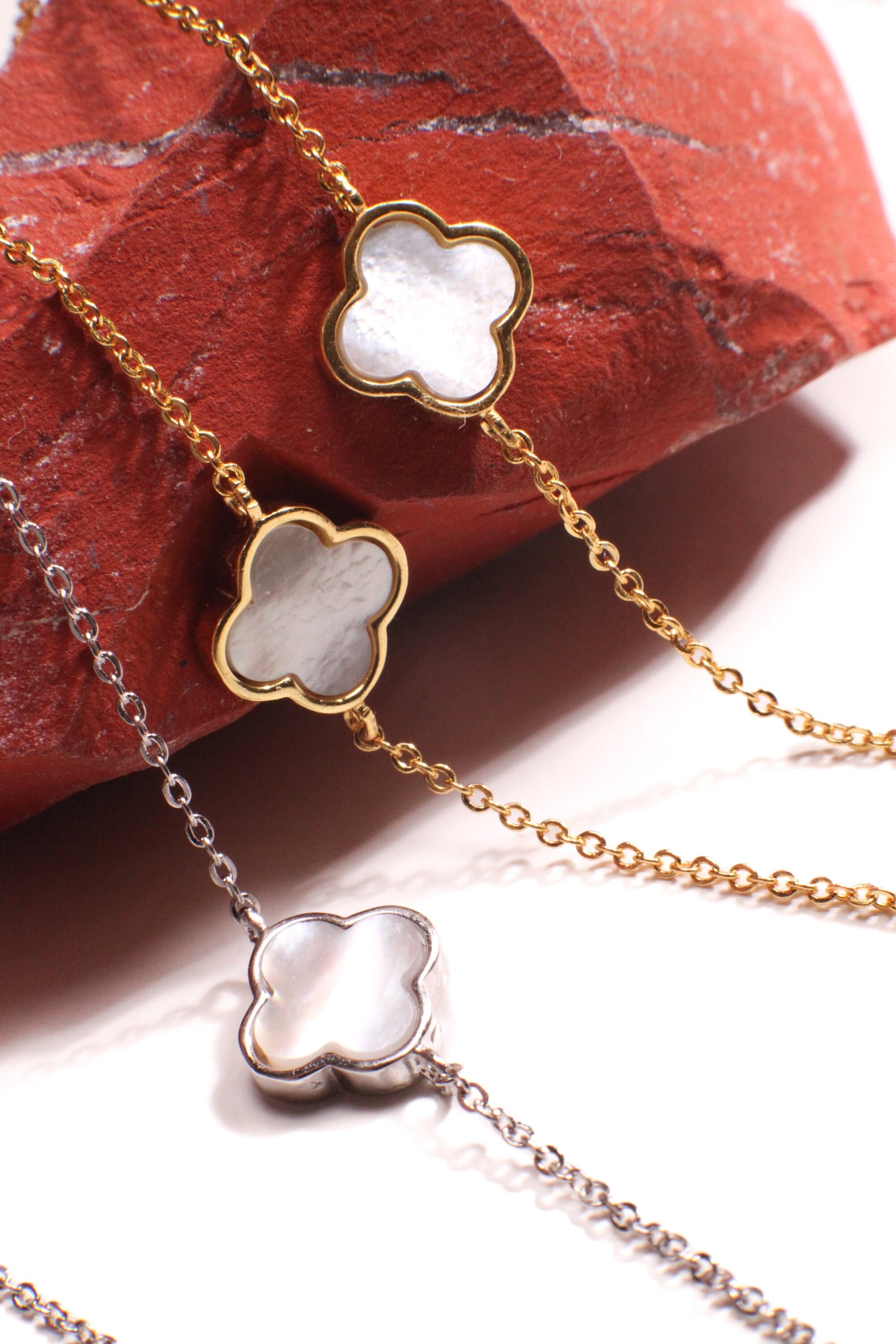 22K Gold Vermeil 925 Sterling Silver White Mother of Pearl Double Sided Clover Charm 8.5mm long necklace, lucky charm 7 pcs 30” MOP necklace