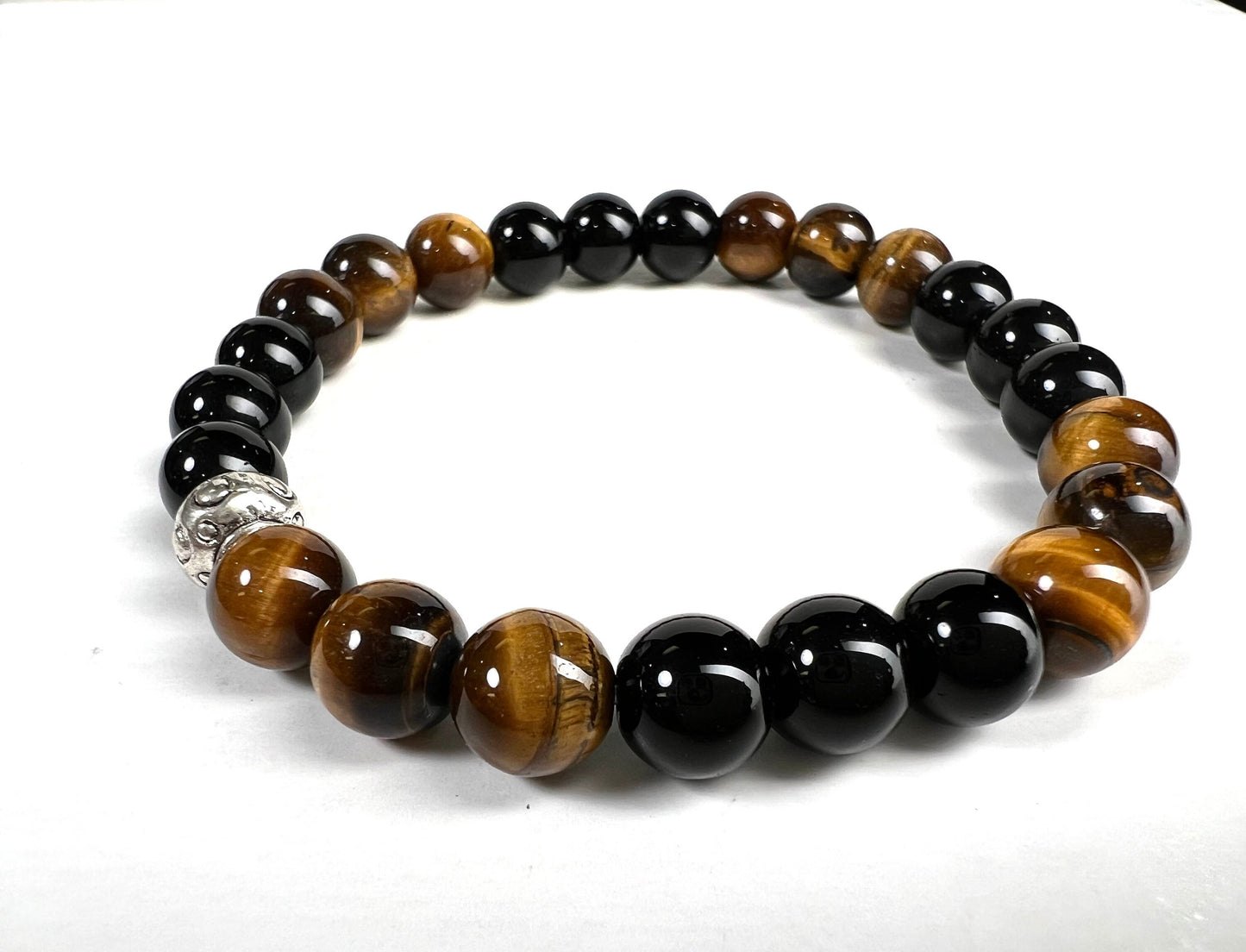 Tiger Eye with brown with Black Onyx 8mm smooth round AAA quality beaded Crystal Stretchy Bracelet. Man’s gift