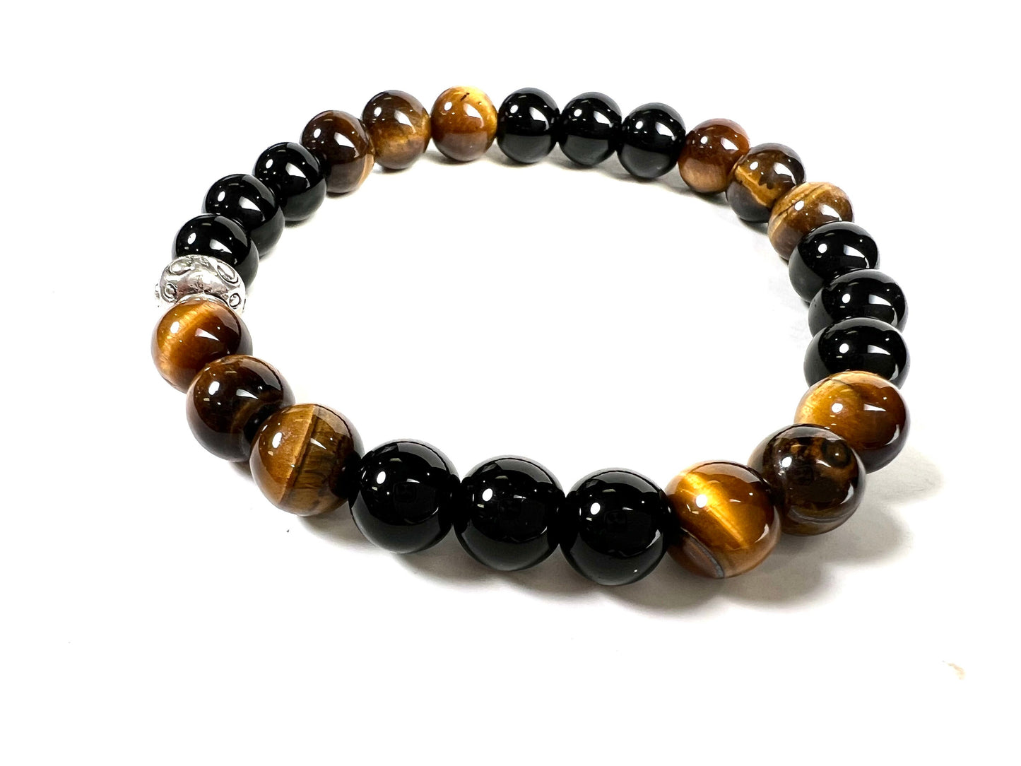 Tiger Eye with brown with Black Onyx 8mm smooth round AAA quality beaded Crystal Stretchy Bracelet. Man’s gift