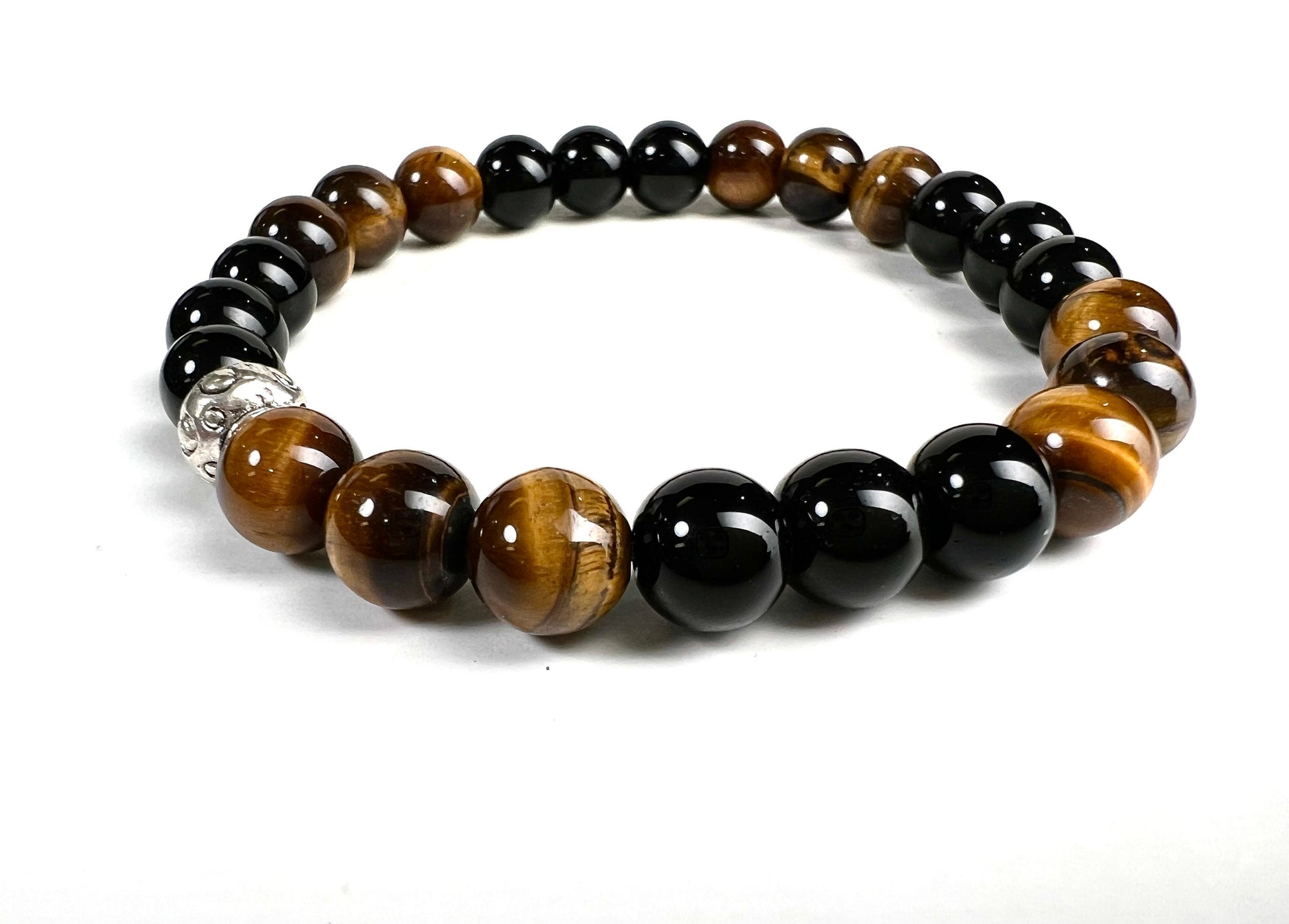 Tiger Eye with brown with Black Onyx 8mm smooth round AAA quality beaded Crystal Stretchy Bracelet. Man’s gift