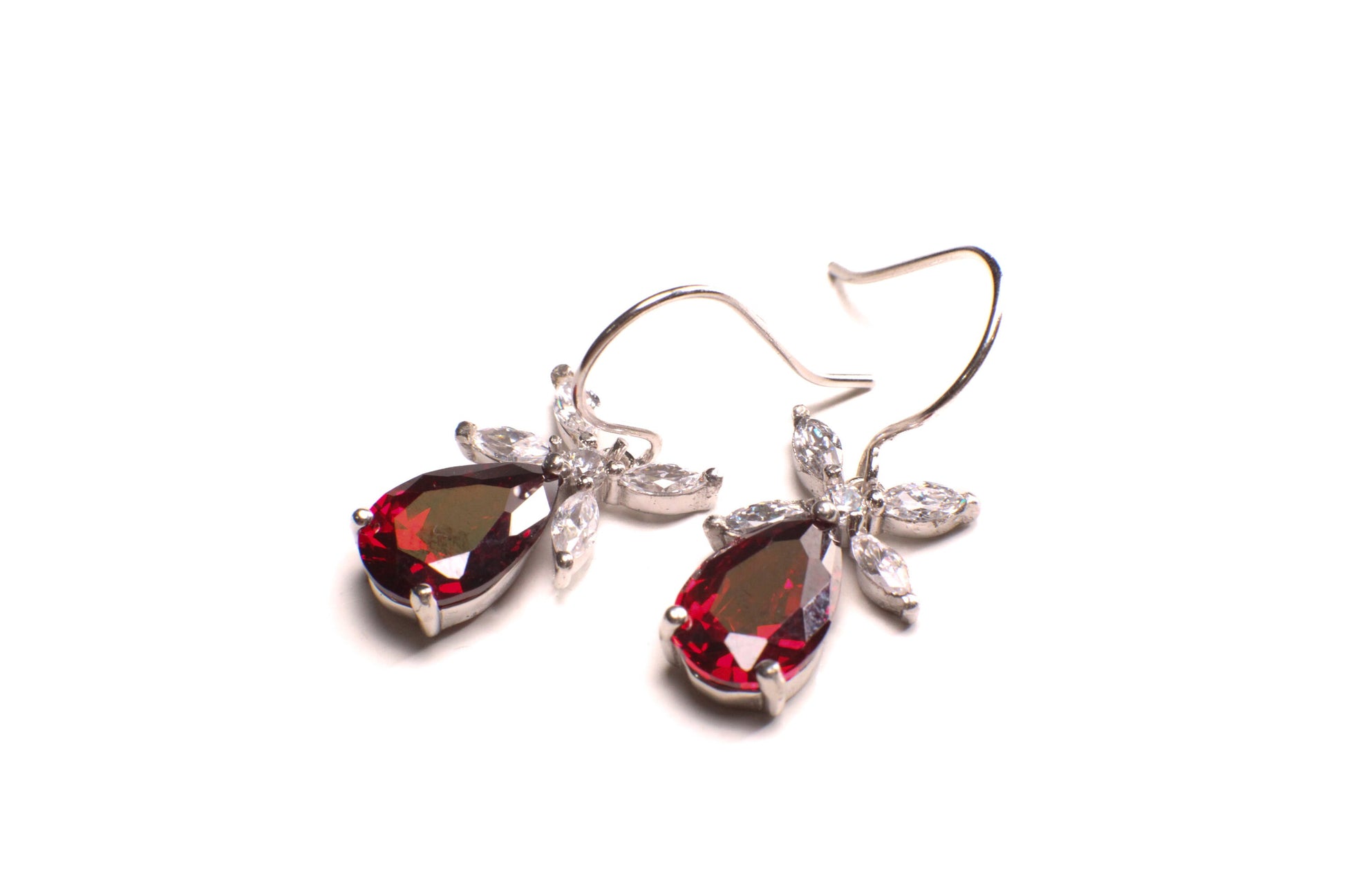 925 Sterling Silver Garnet Teadrop 8x12mm dangling on Cubic Zirconia Flower French Hook Earring, 925 stamped, gift for her