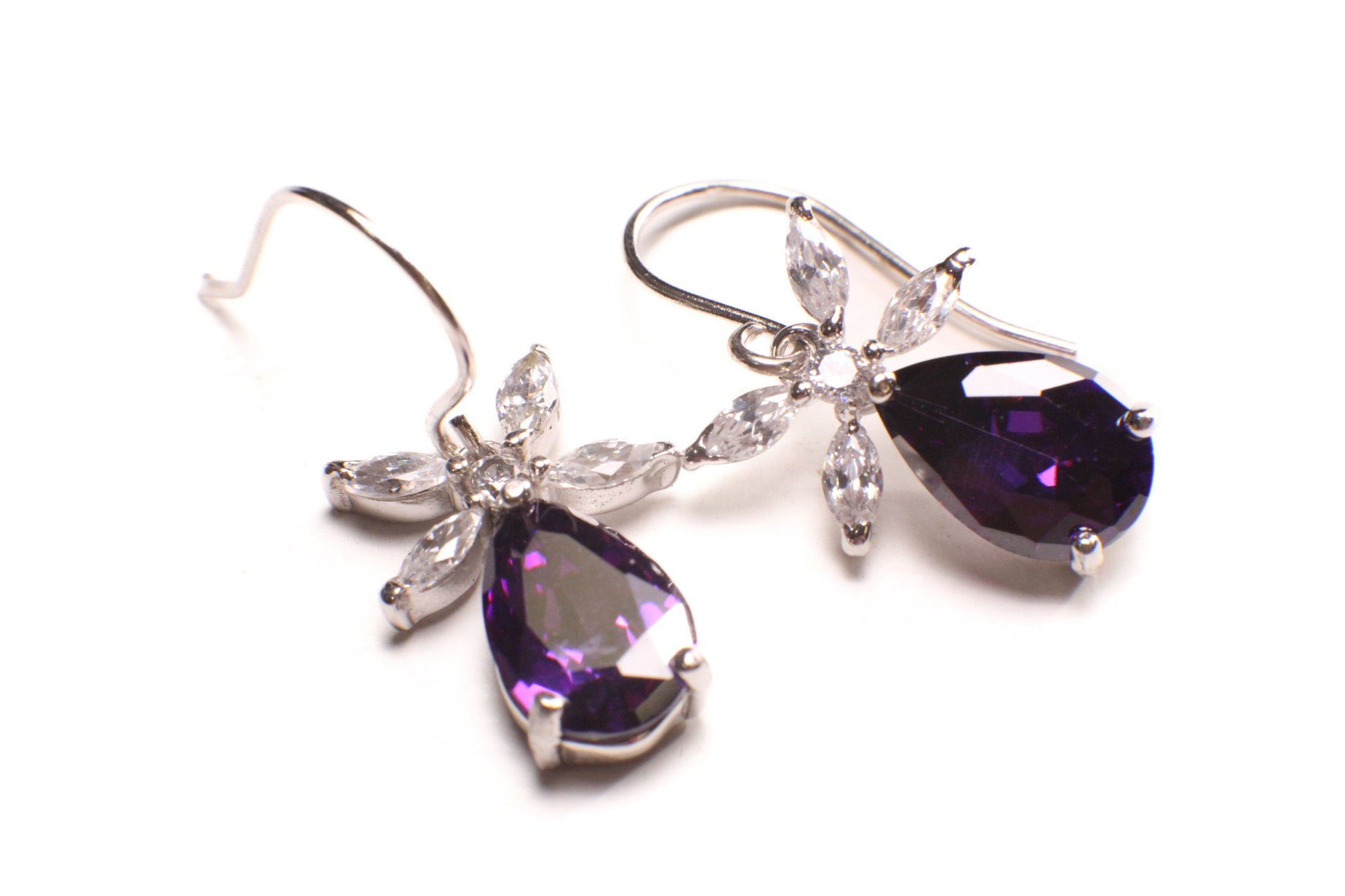 925 Sterling Silver Amethyst Teadrop 8x12mm dangling on CZ diamond Flower French Hook Earring, 925 stamped, gift for her