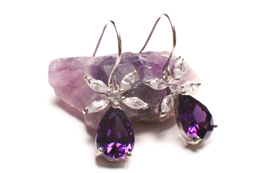 925 Sterling Silver Amethyst Teadrop 8x12mm dangling on CZ diamond Flower French Hook Earring, 925 stamped, gift for her