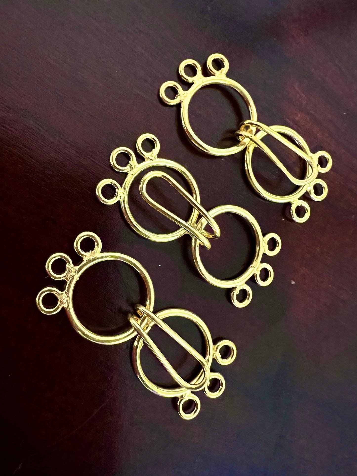 22k gold vermeil Bali 3 loop hook and eye 17mm each circle, 38mm long with both circle. Jewelry making multi line handmade clasp 1 set