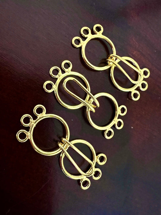 22k gold vermeil Bali 3 loop hook and eye 17mm each circle, 38mm long with both circle. Jewelry making multi line handmade clasp 1 set