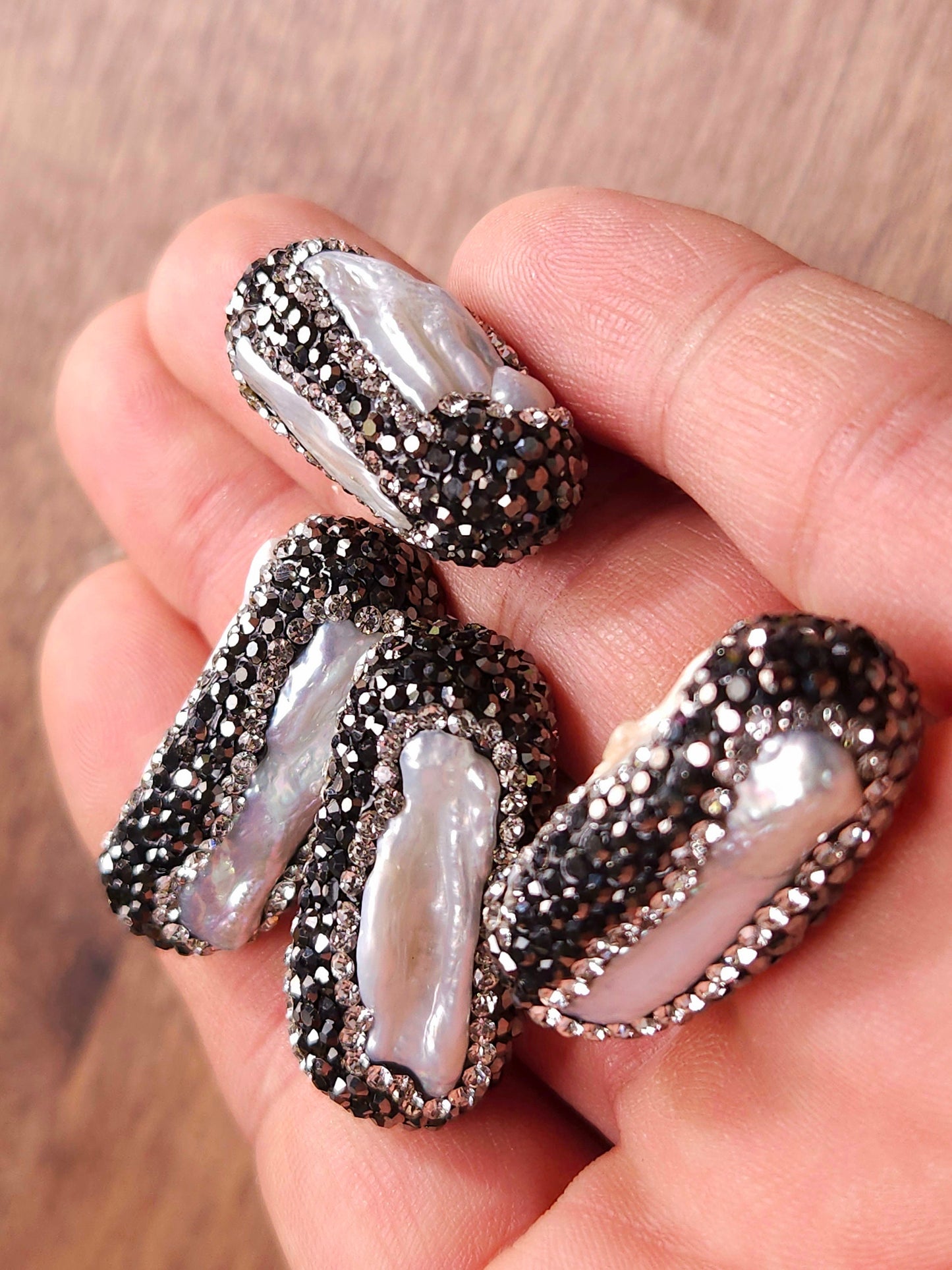 Freshwater Biwa Pearl 3 sided, Multiple line Inlaid Rhinestone Crystal Handmade Fancy Focal Bead, 30mm long, 1 pc, Jewelry Making bead.