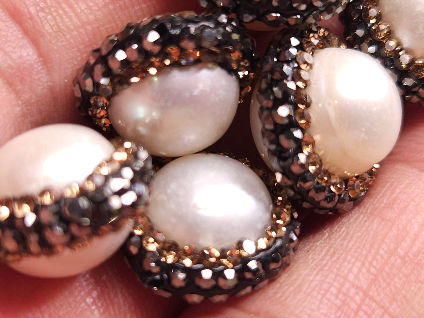 Fresh water natural pearl rhinestone crystal inlaid pave ball, 14mm round, center drilled, black and white crystal line focal spacer bead