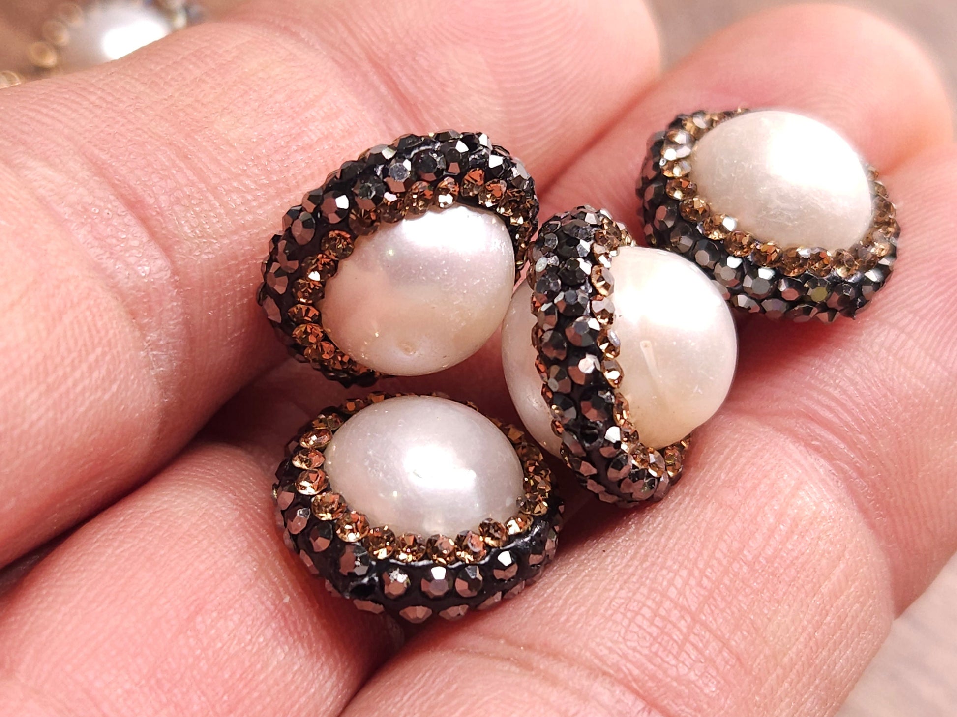 Fresh water natural pearl rhinestone crystal inlaid pave ball, 14mm round, center drilled, black and white crystal line focal spacer bead