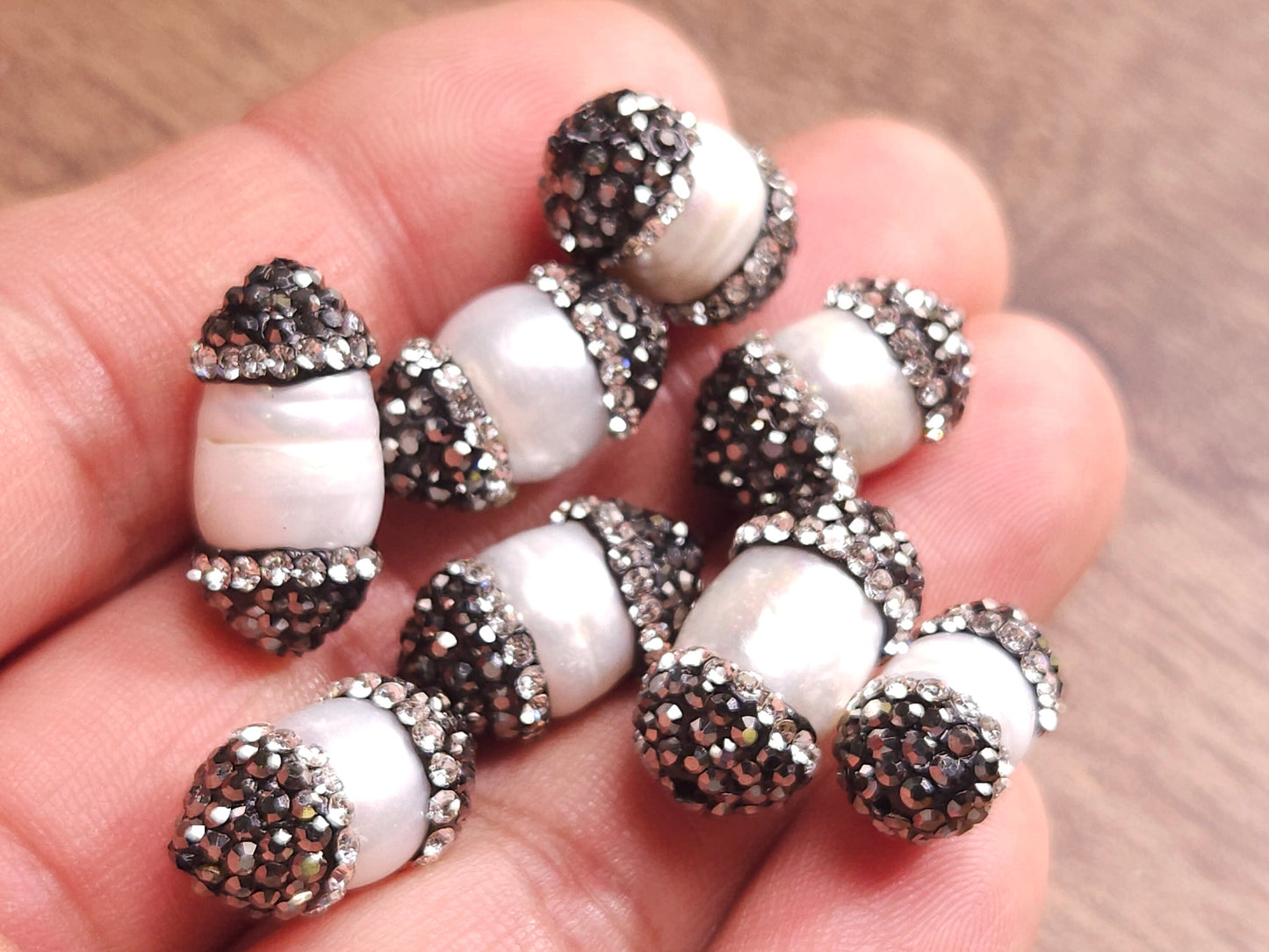 Freshwater natural pearl rhinestone crystal inlaid pave oval 9x16-11x20mm center drilled, black crystal line focal spacer bead