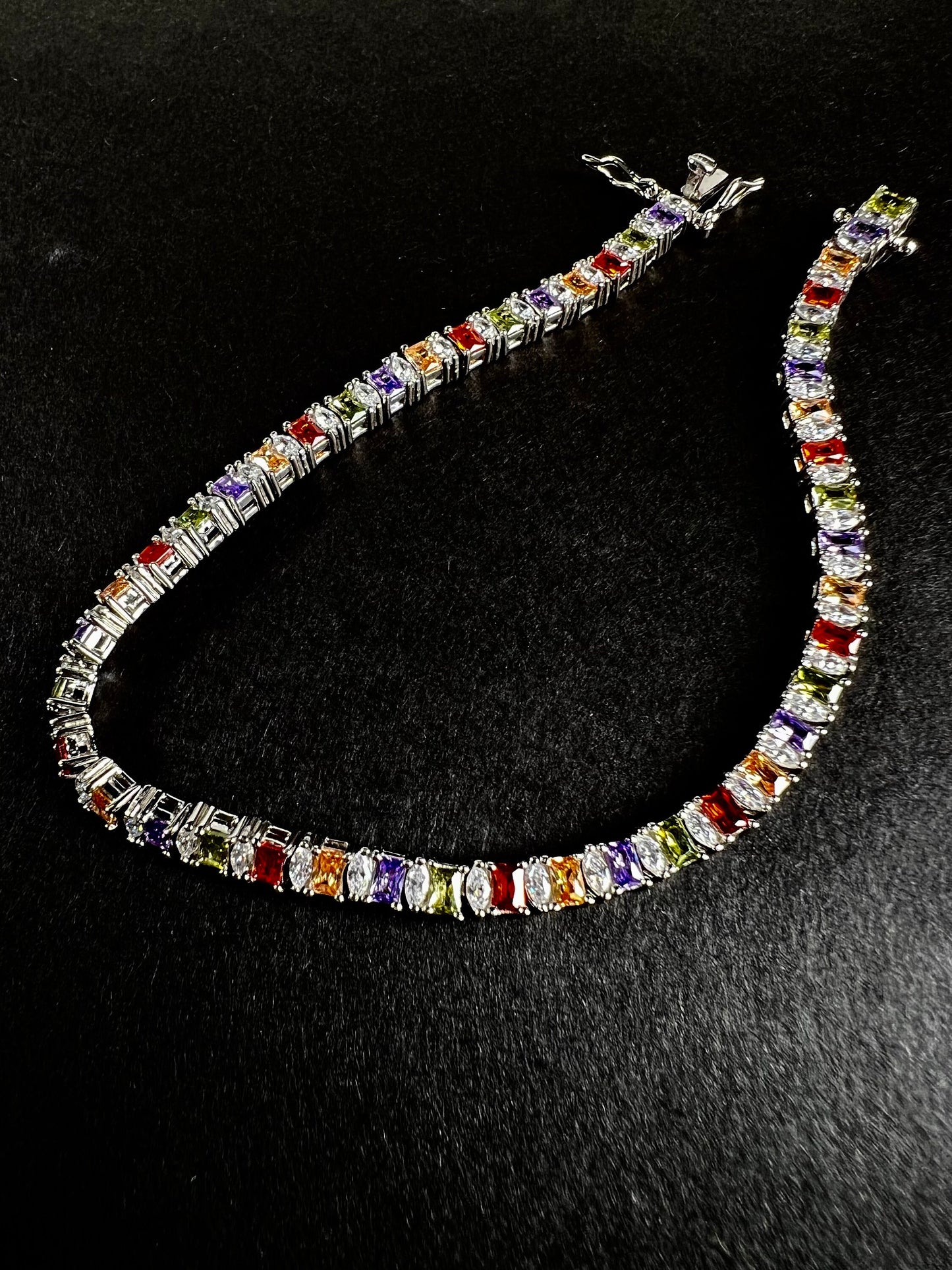 925 Sterling Silver Solid Multi Gemstone and CZ Diamond Princess cut Tennis Bracelet 7.5” Peridot Citrine Amethyst Garnet 925 stamped