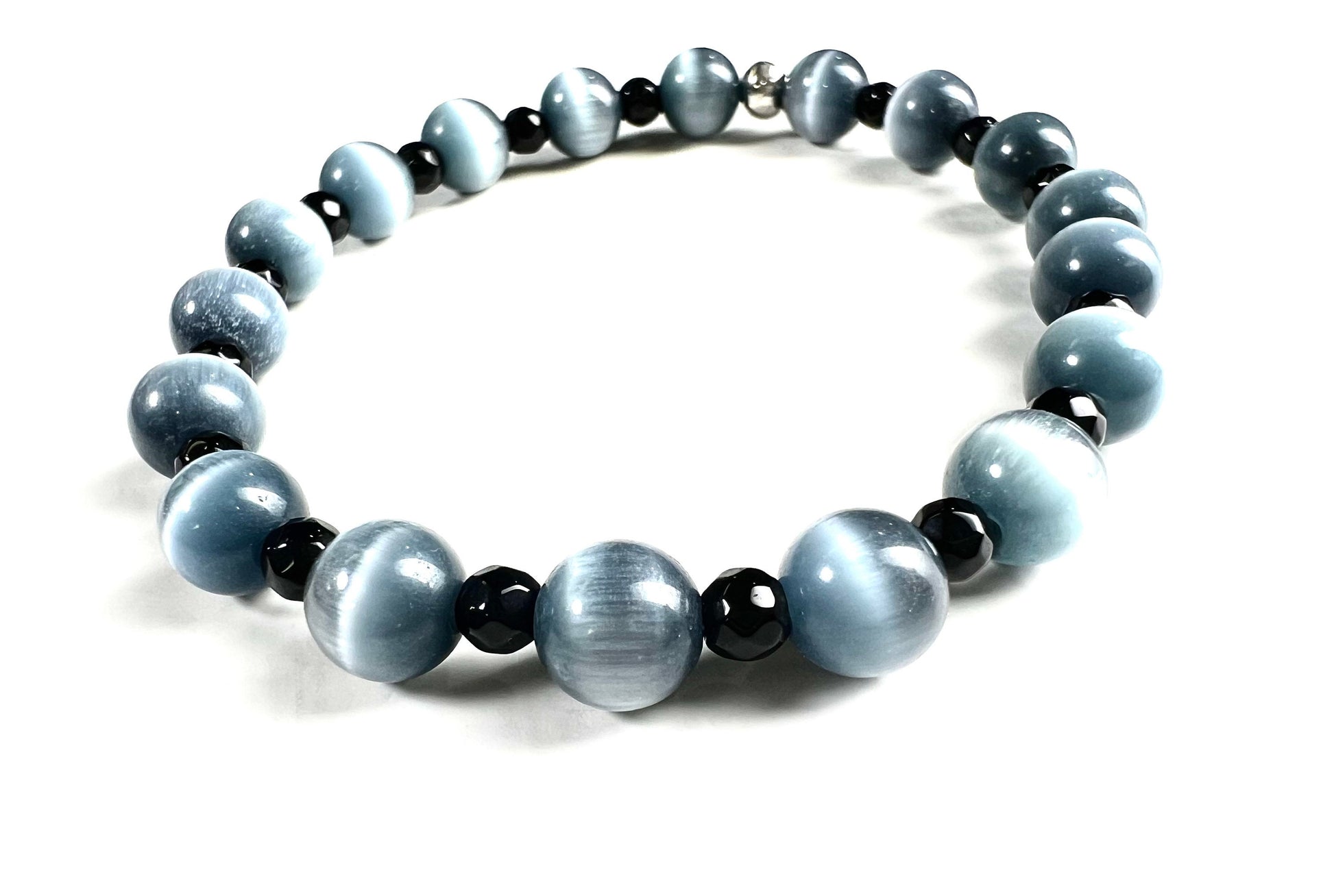 Black Cat's Eye 8mm round black onyx spacer bead stretchy bracelet. Beautiful Beach Boho summer gift for Men and women