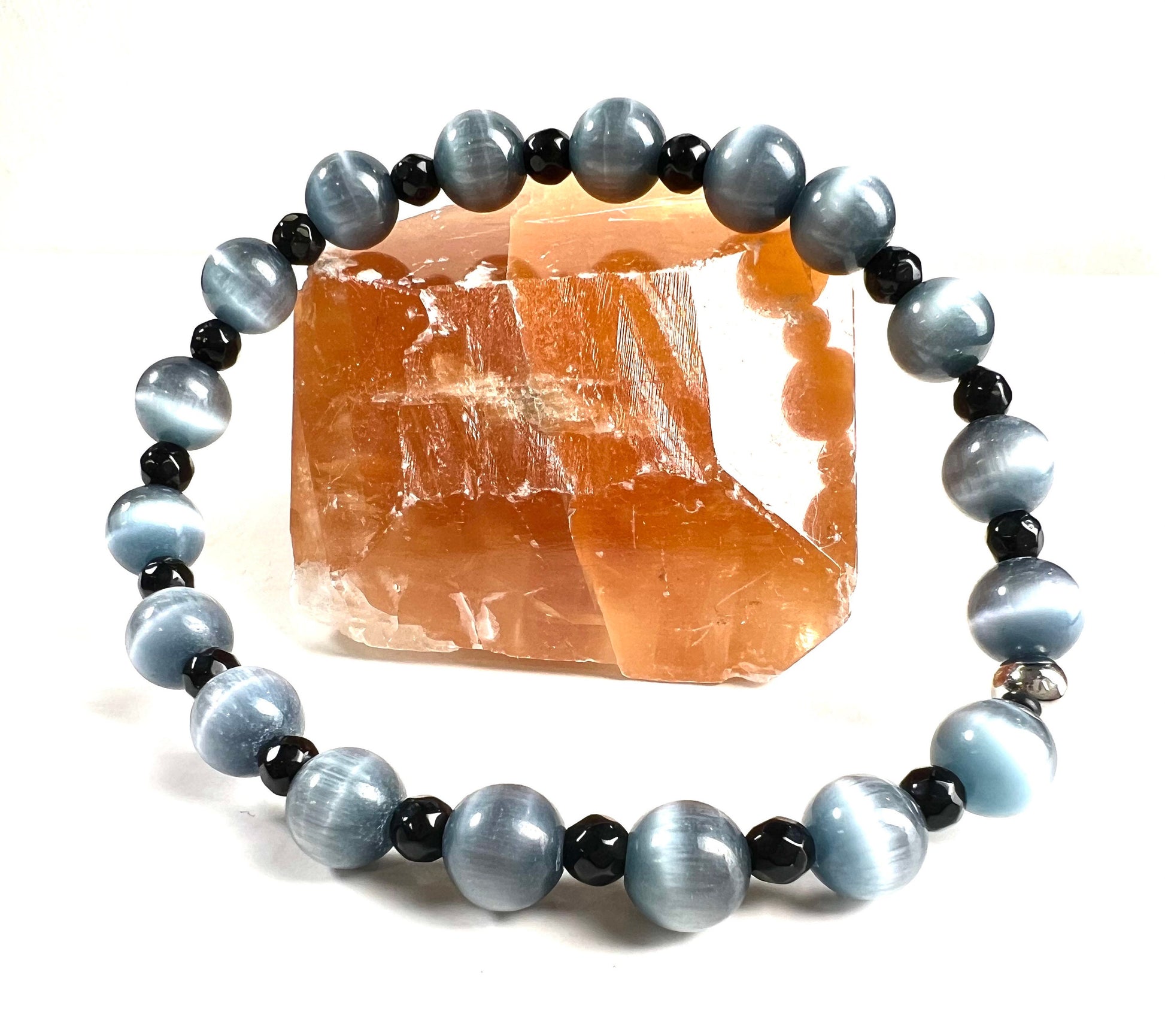 Black Cat's Eye 8mm round black onyx spacer bead stretchy bracelet. Beautiful Beach Boho summer gift for Men and women