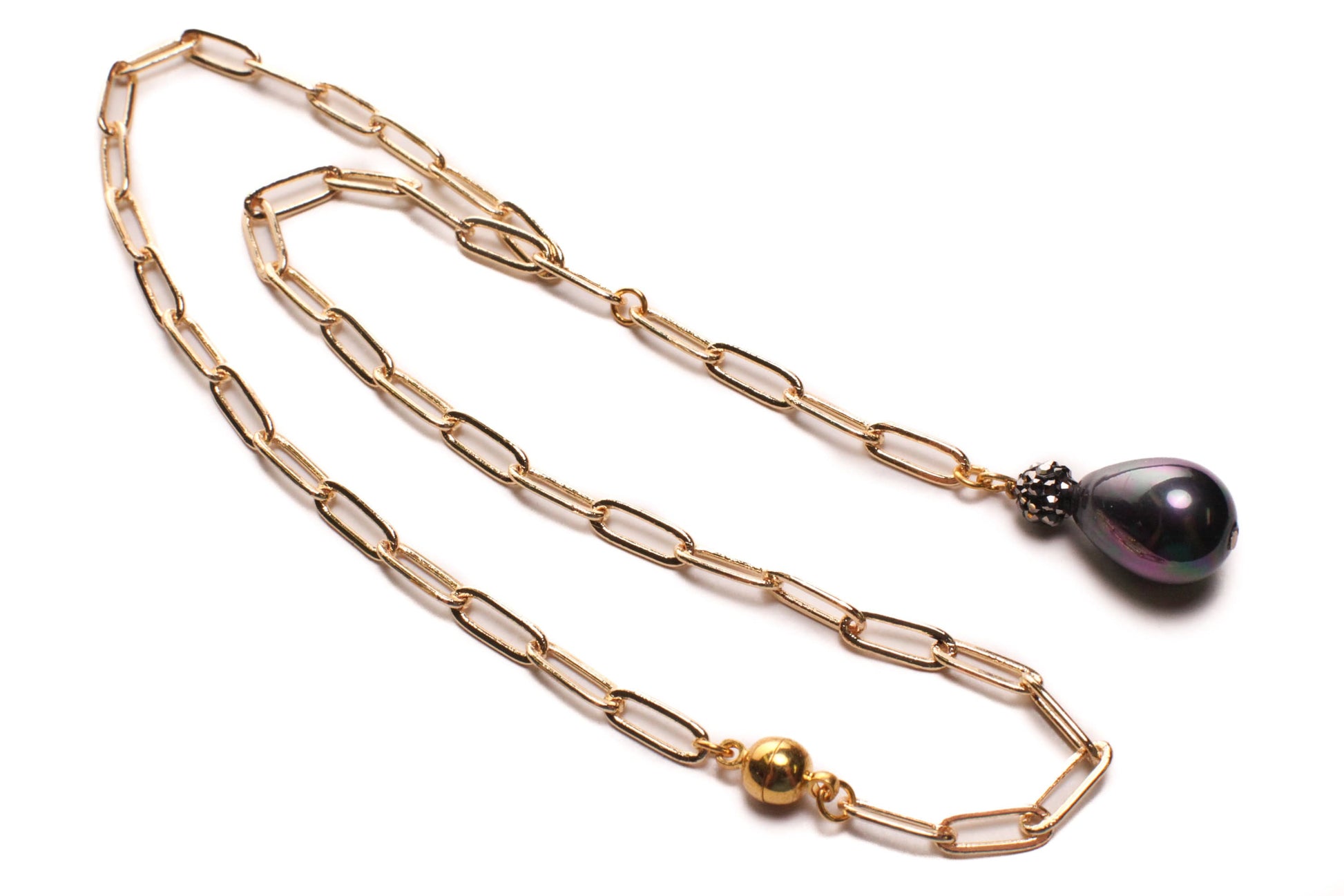 Gold Paperclip Chain Y Necklace dangling Black South Seashell Pearl Drop Necklace 22K Gold Electroplated Anti Tarnish