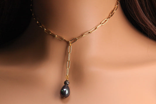 Gold Paperclip Chain Y Necklace dangling Black South Seashell Pearl Drop Necklace 18K Gold vermeil Anti Tarnish