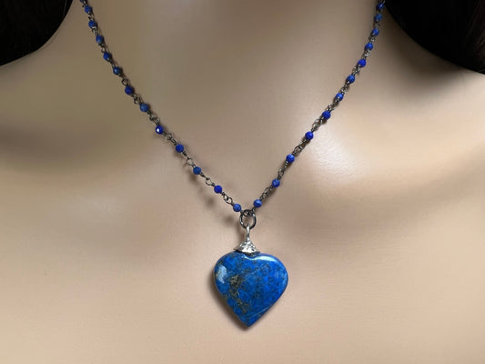Natural Lapis Lazuli 3mm Faceted Chain, Dangling 21mm lapis Lazuli heart black oxidized Elegant simple Necklace, gift
