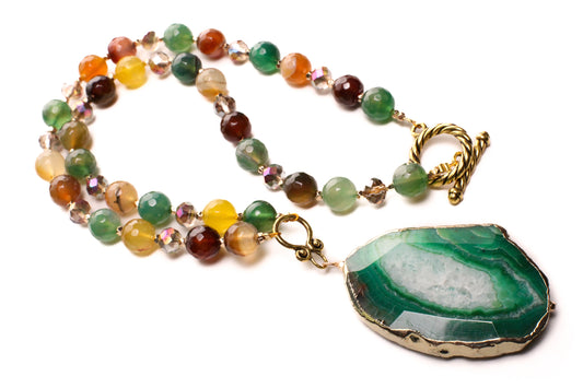 Natural Fire Agate 8mm round and natural green fire agate gold hazel chunk pendant 21" Necklace. Antique gold toggle, Yellow green necklace
