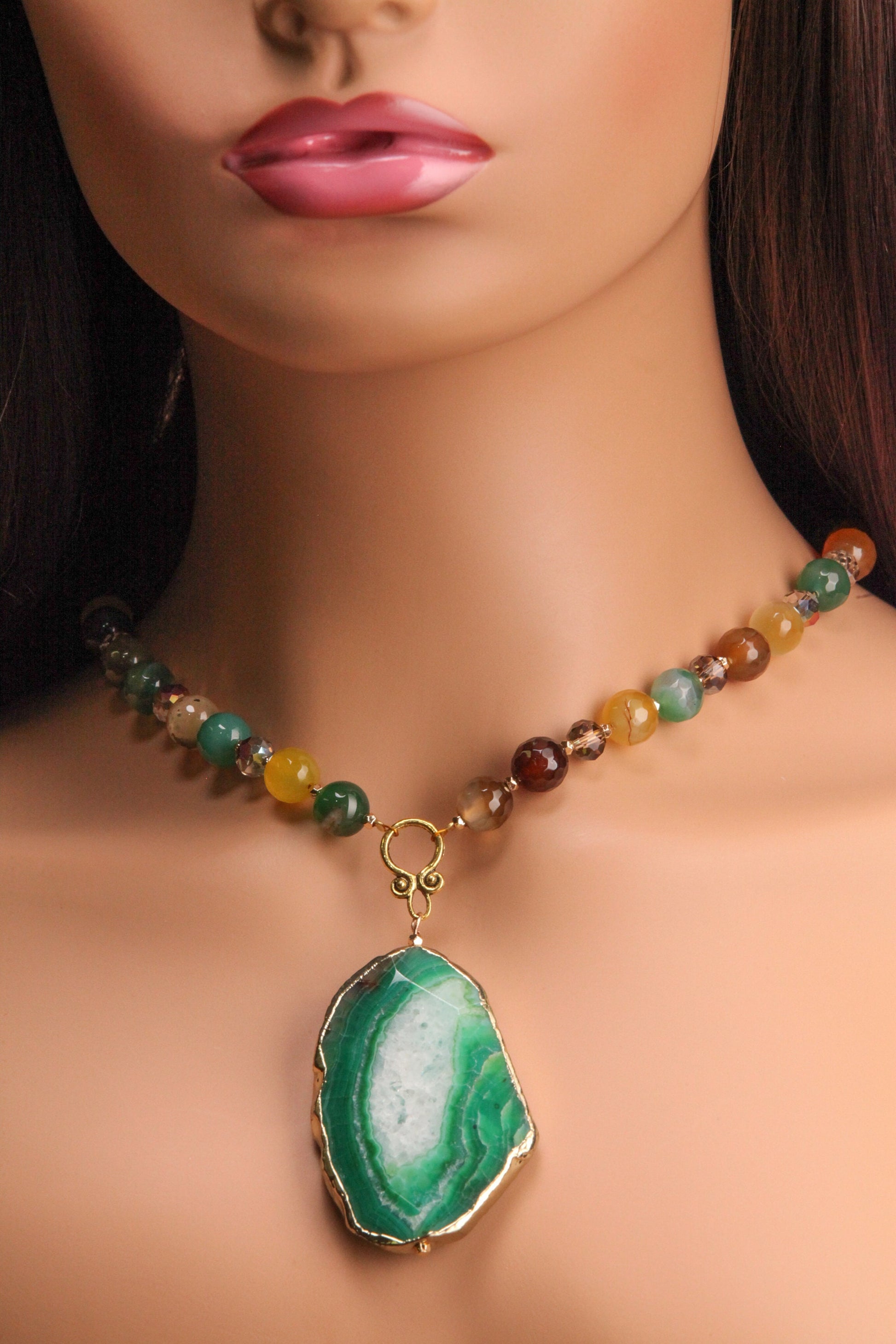 Natural Fire Agate 8mm round and natural green fire agate gold hazel chunk pendant 21" Necklace. Antique gold toggle, Yellow green necklace