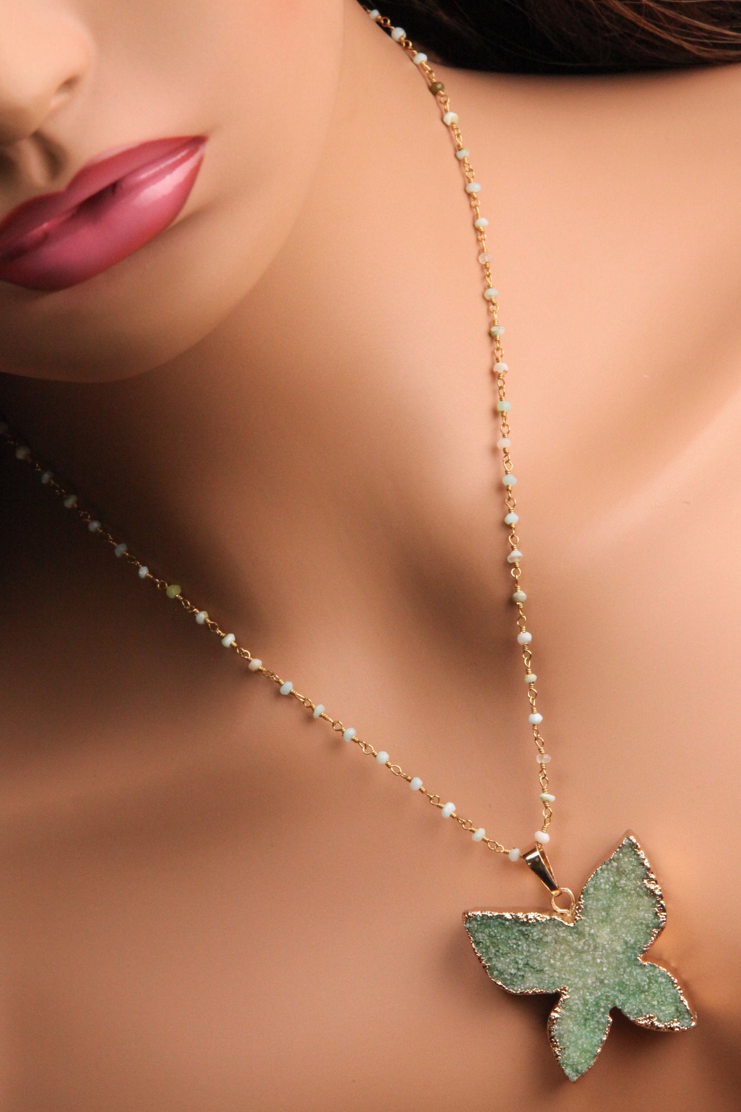 Butterfly Green Druzy Geode Agate gold bezel with Peruvian opal rosary chain necklace. Natural gemstone handmade gift