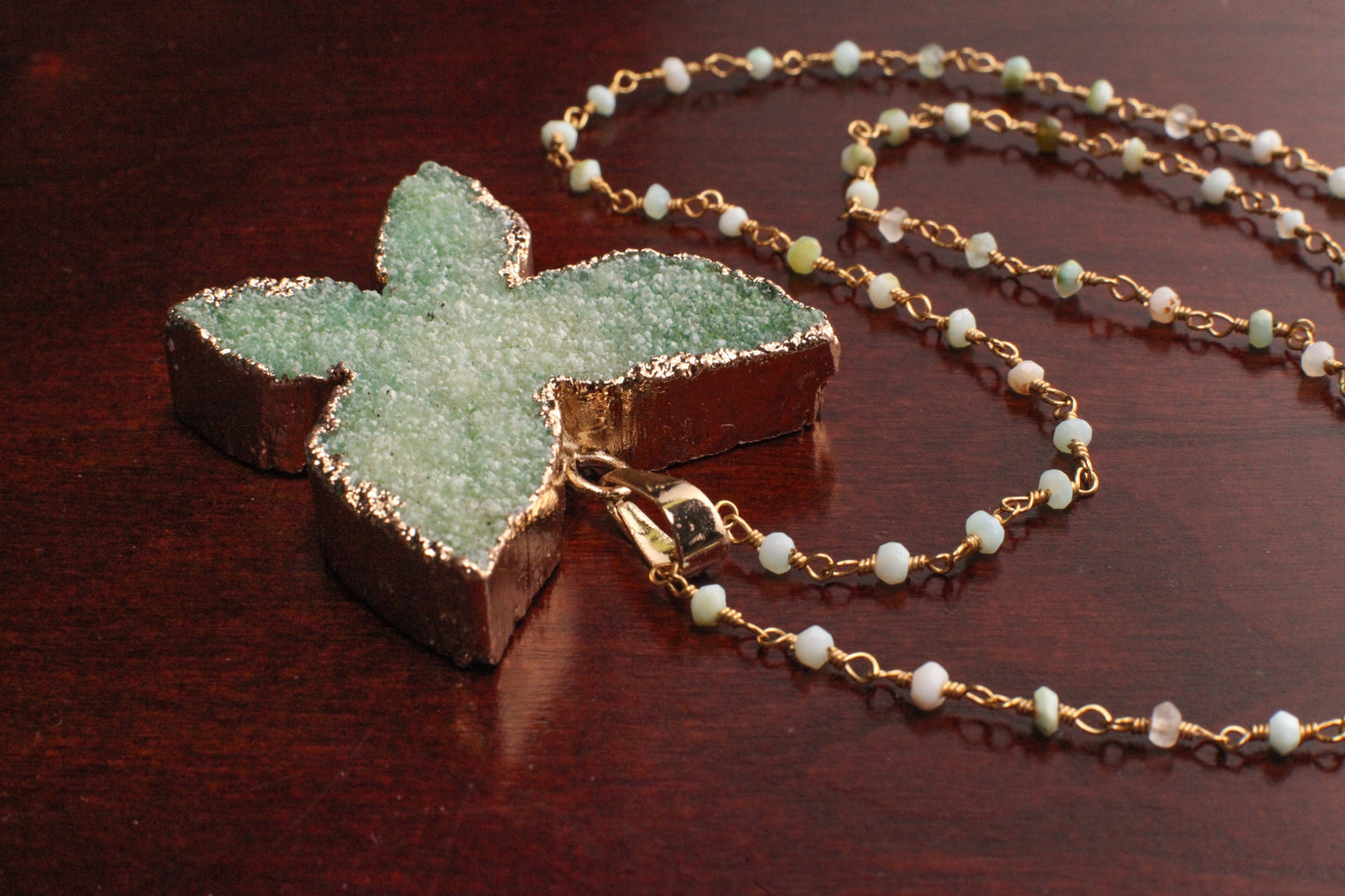 Butterfly Green Druzy Geode Agate gold bezel with Peruvian opal rosary chain necklace. Natural gemstone handmade gift