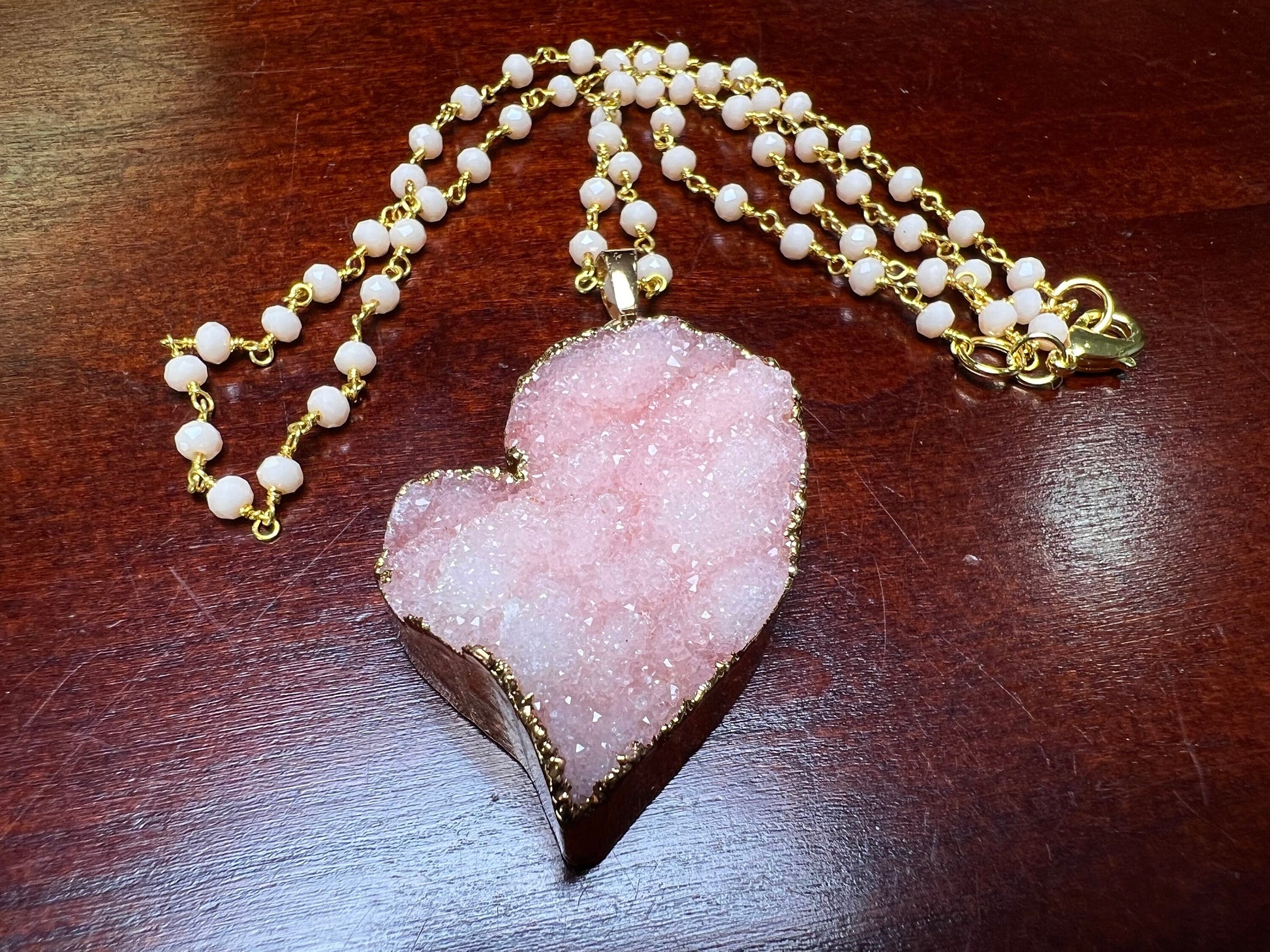 Pink Heart Druzy Geode Agate gold bezel with Peruvian Pink Opal rosary chain necklace. Natural gemstone handmade gift