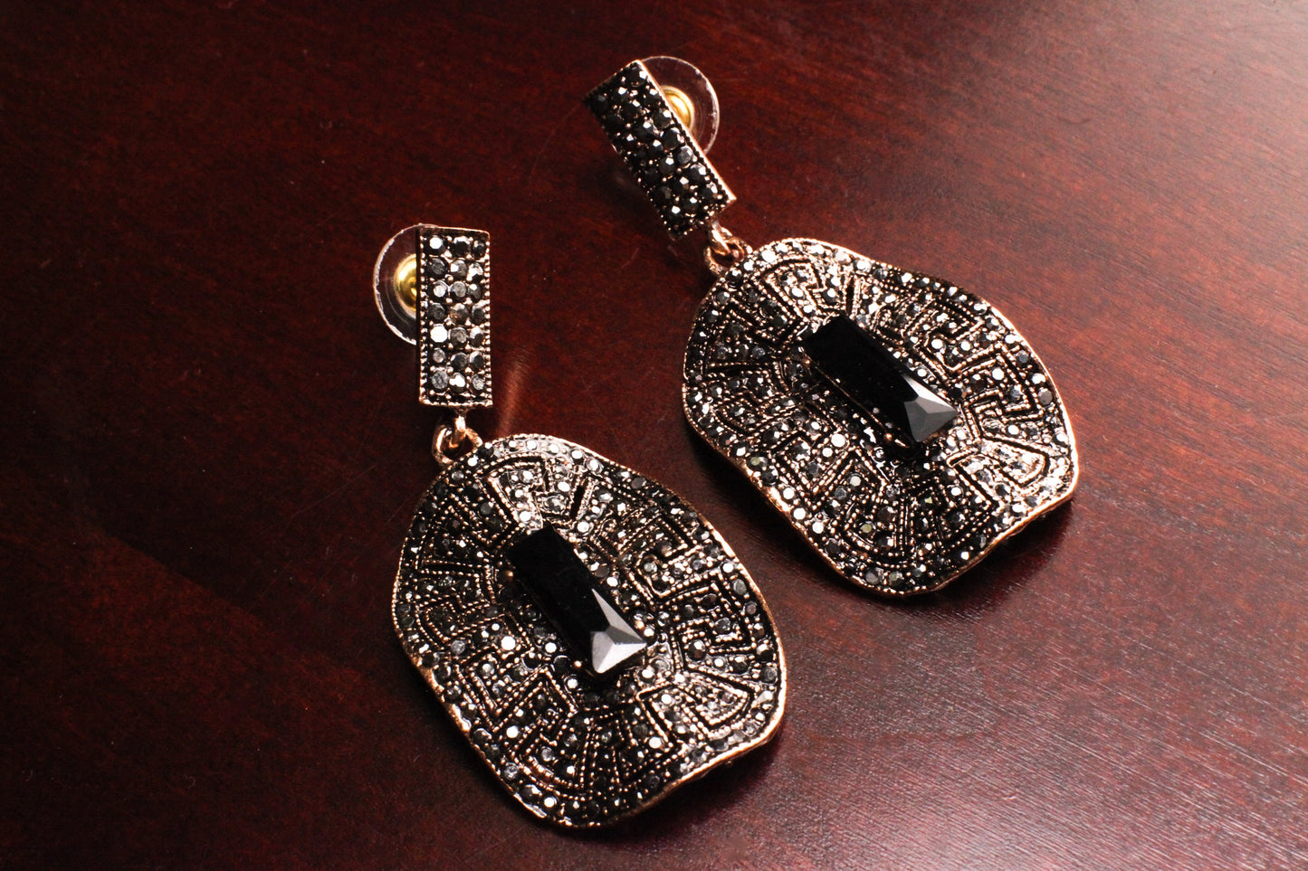 Antique Rose Gold Marcasite Style Crystal Earrings Post with Dangle Black Onyx Rectangle Shape Waved Oval Venetian Earrings, Gift for her
