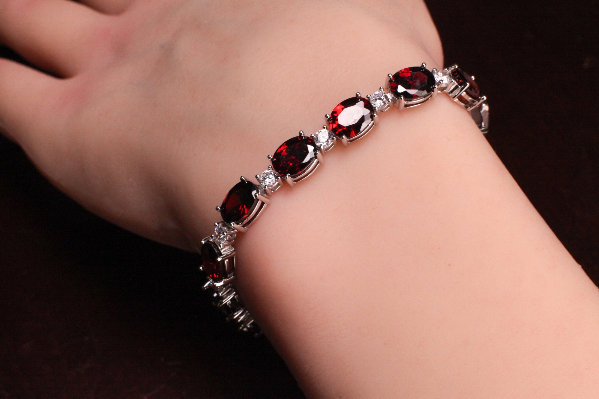 Genuine Garnet Oval shape 6x8mm Prong CZ Diamond 925 Sterling Silver Tennis Bracelet 6.5"January birthstone, holiday best gift commitment