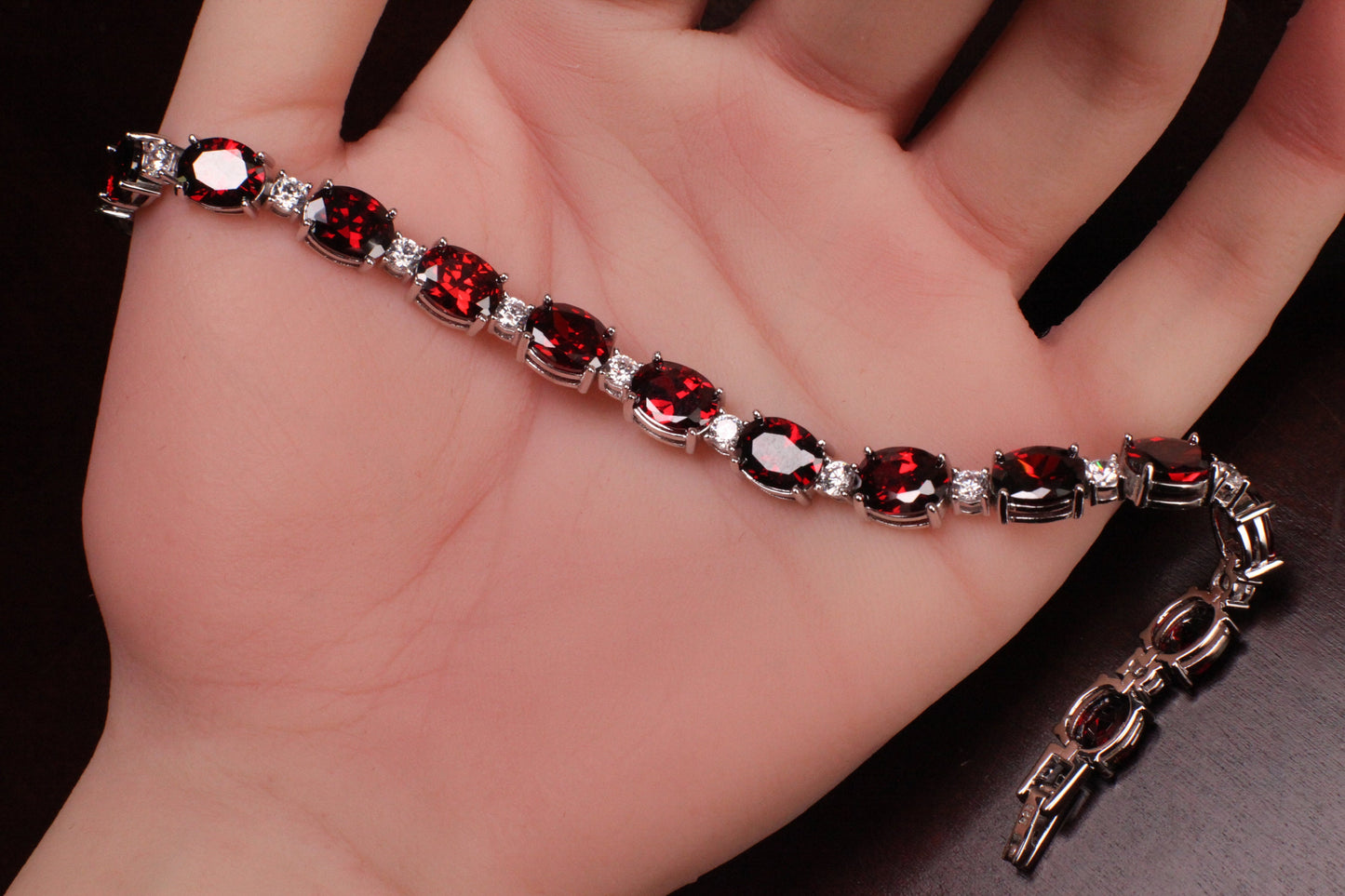 Genuine Garnet Oval shape 6x8mm Prong CZ Diamond 925 Sterling Silver Tennis Bracelet 6.5"January birthstone, holiday best gift commitment