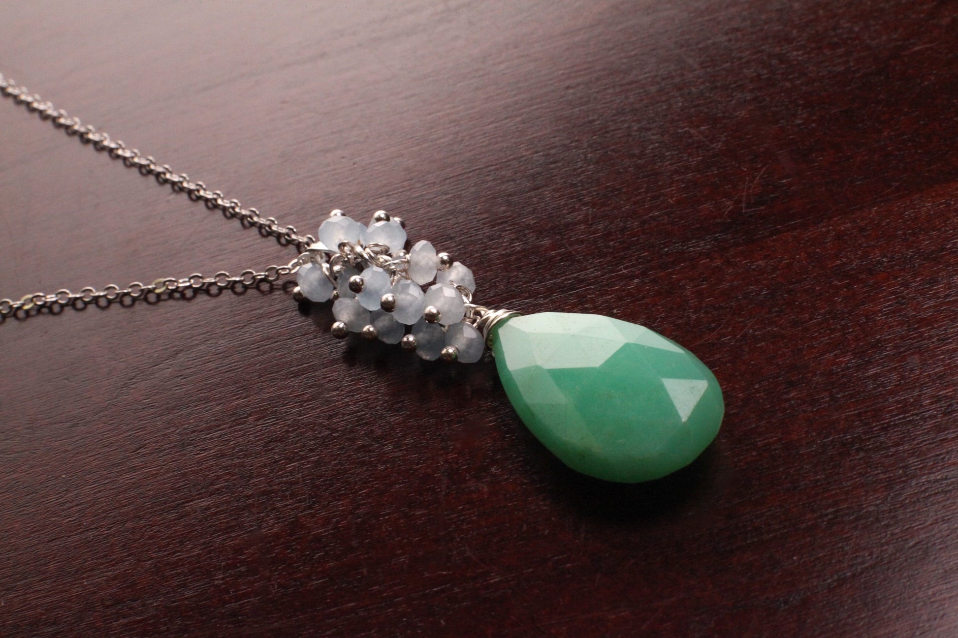 Natural Chrysoprase large Teardrop 16x26mm dangling with Aquamarine clusters 925 Sterling Silver elegant necklace. Rare one of a kind drop