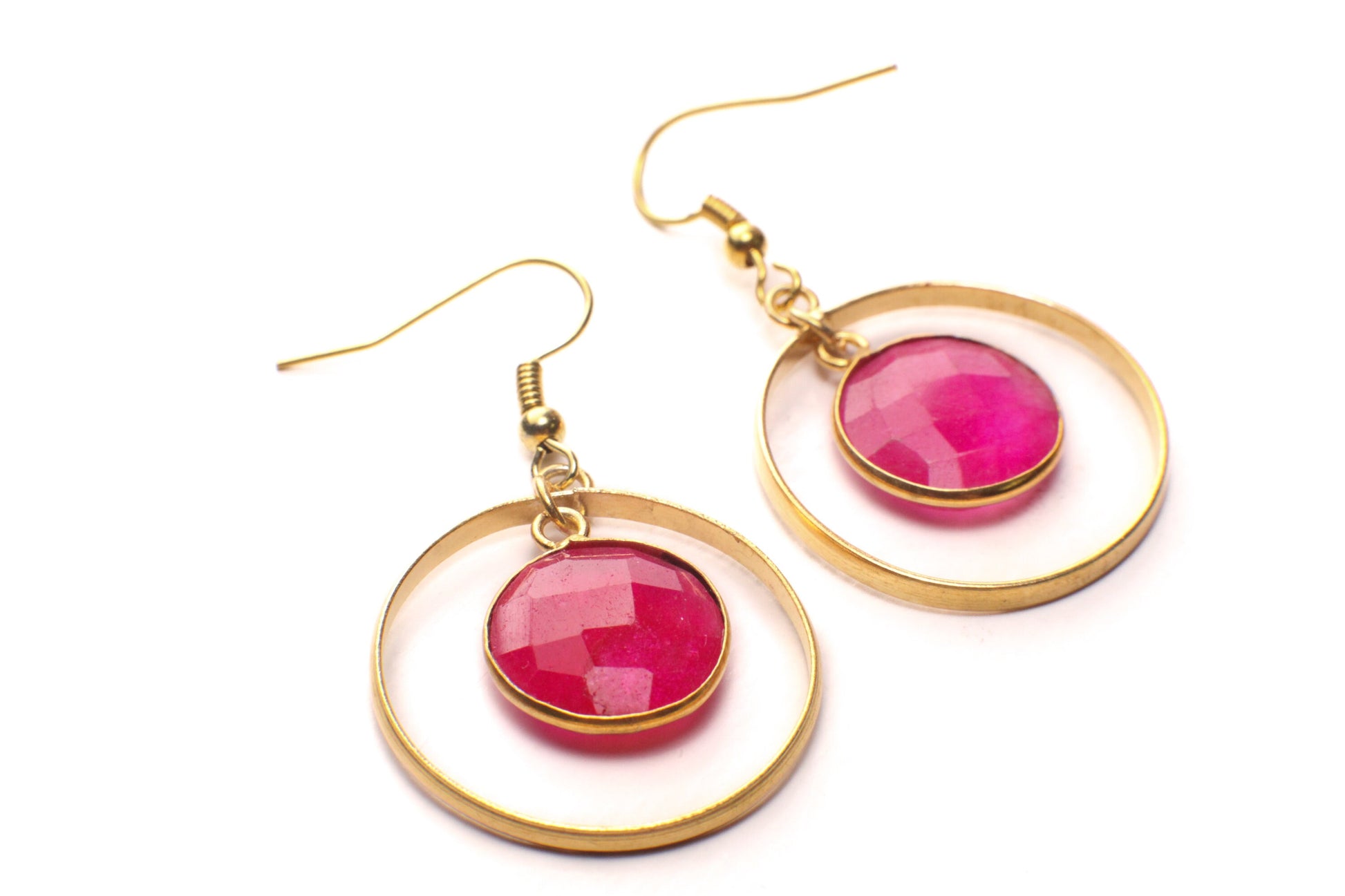 Pink Ruby Bezel 22K Gold Vermeil Circle Hoop Earrings, Minimalist, Boho