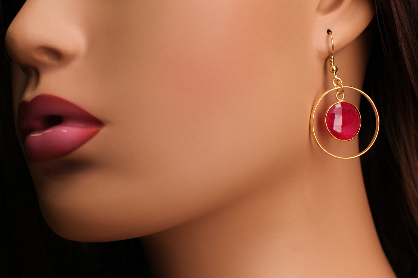 Pink Ruby Bezel 22K Gold Vermeil Circle Hoop Earrings, Minimalist, Boho