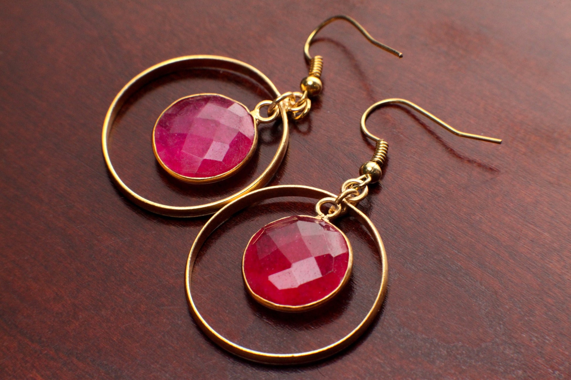 Pink Ruby Bezel 22K Gold Vermeil Circle Hoop Earrings, Minimalist, Boho