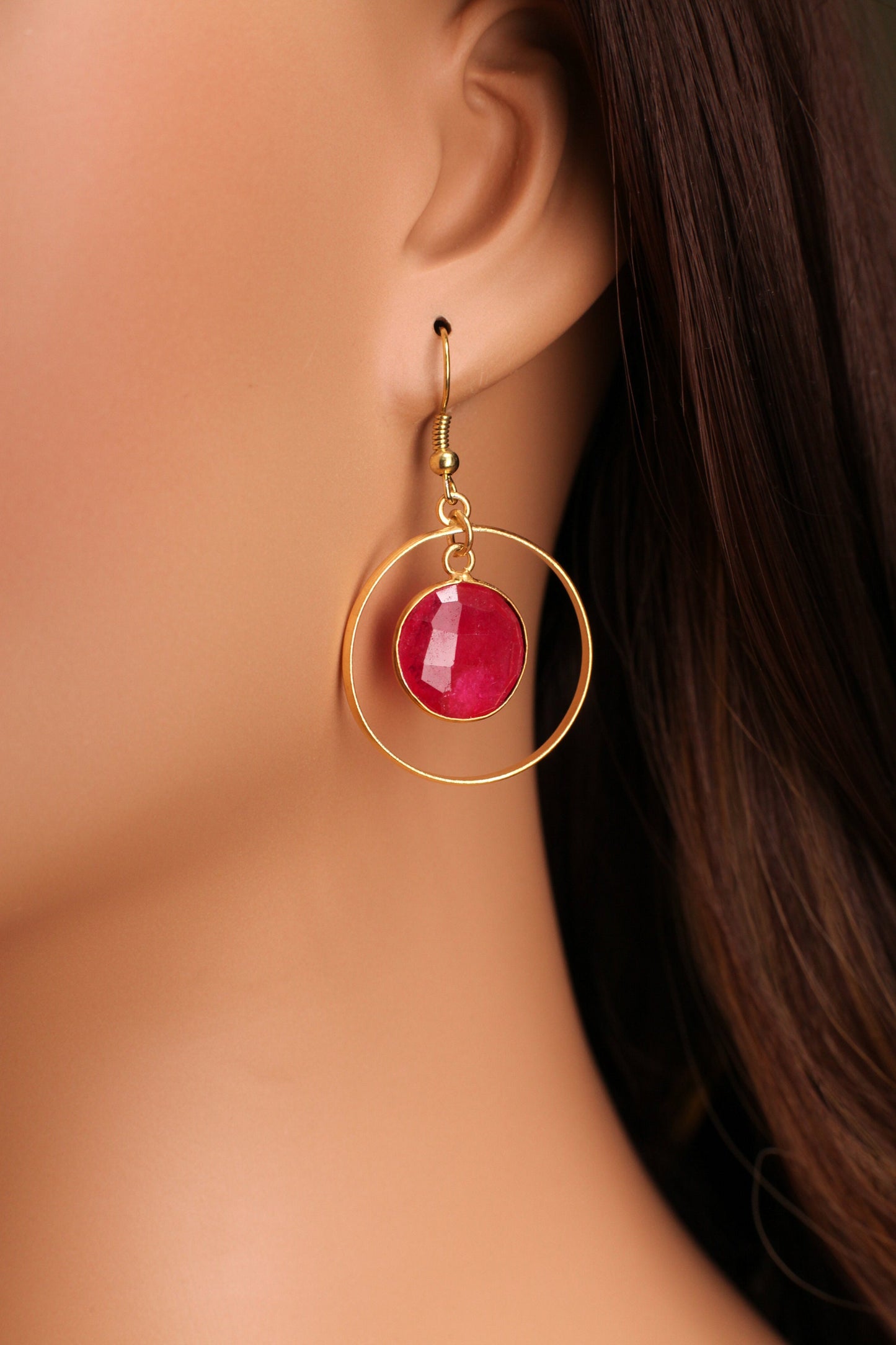 Pink Ruby Bezel 22K Gold Vermeil Circle Hoop Earrings, Minimalist, Boho